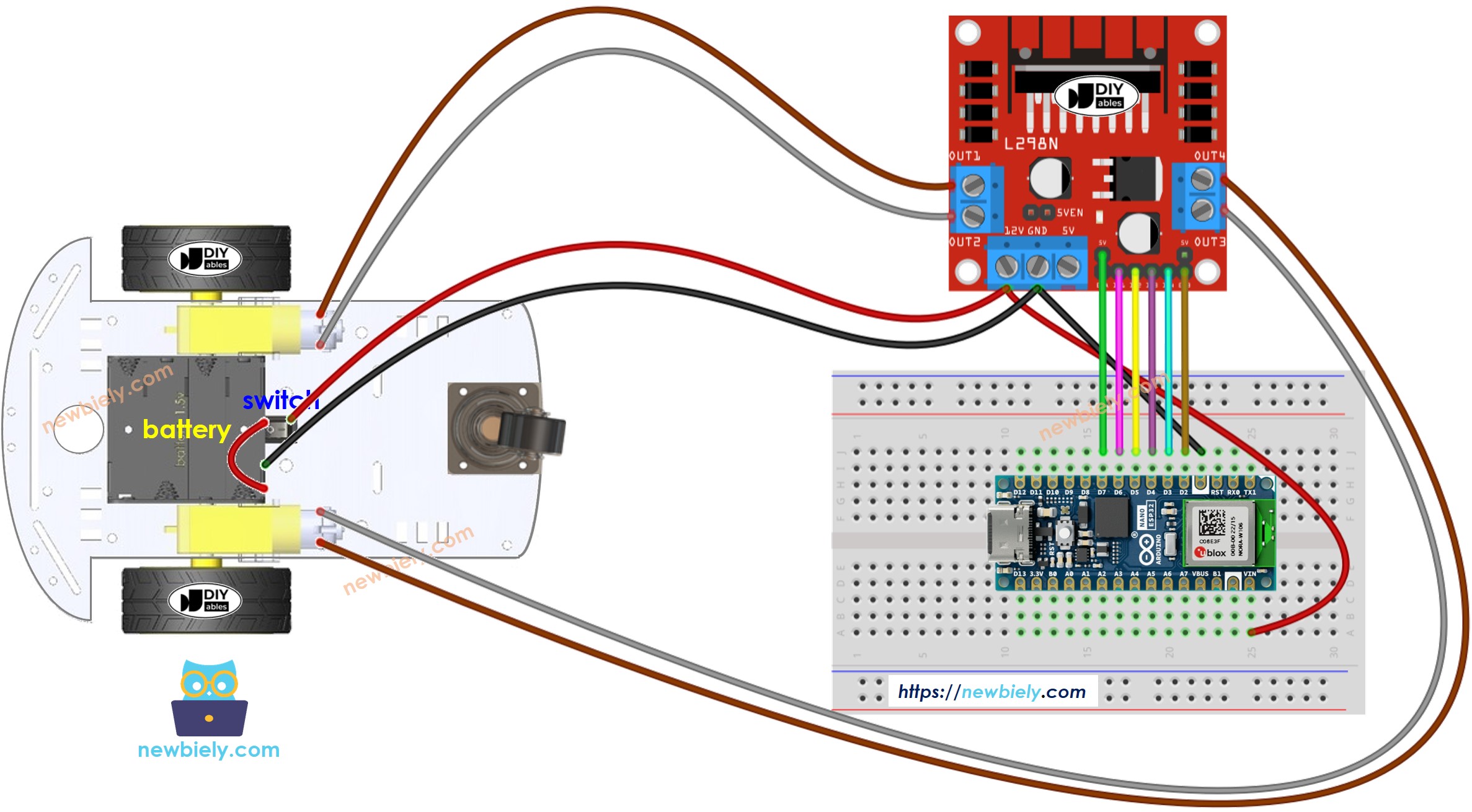 Diagrama de cableado de Arduino Nano ESP32 para coche RC de dos ruedas motrices