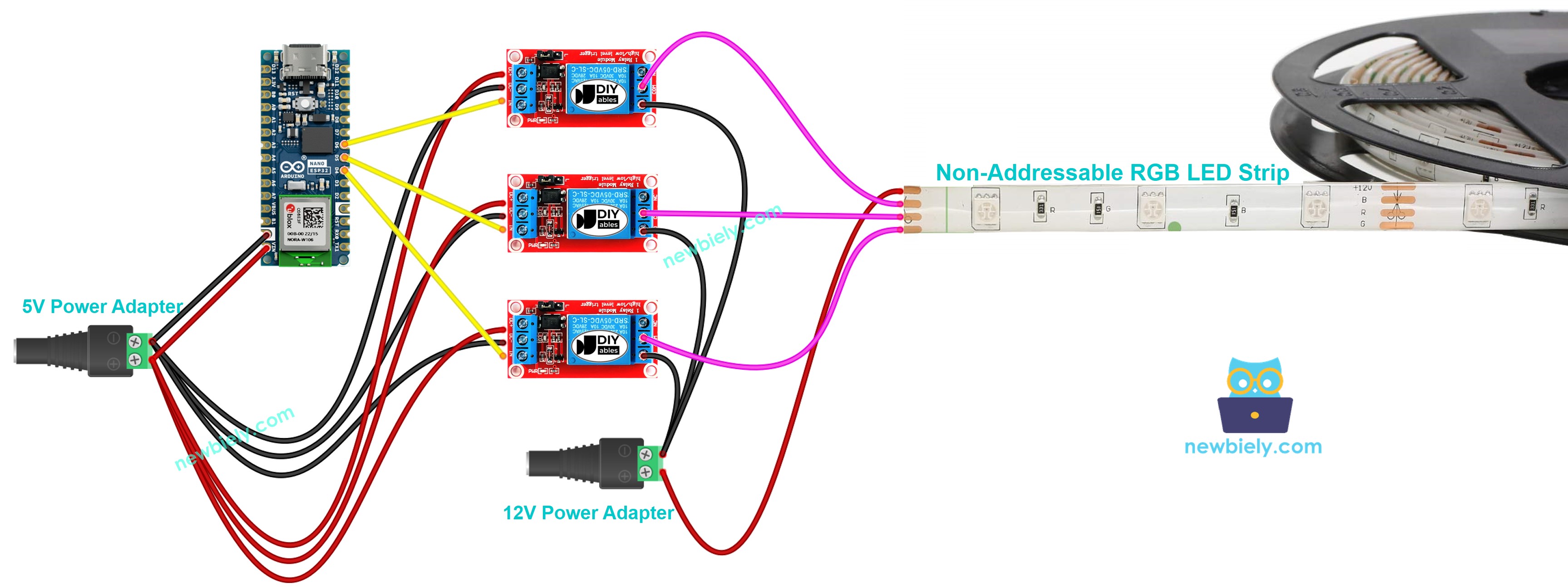 Diagrama de cableado de Arduino Nano ESP32 para tira de LEDs de 12 V