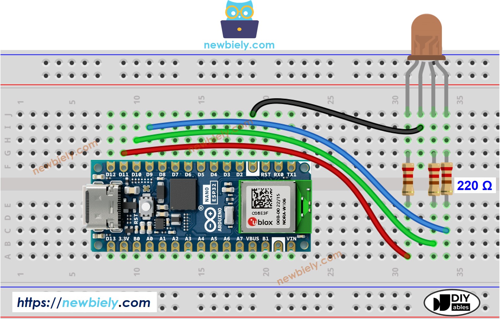 Diagrama de cableado de Arduino Nano ESP32 para LED RGB