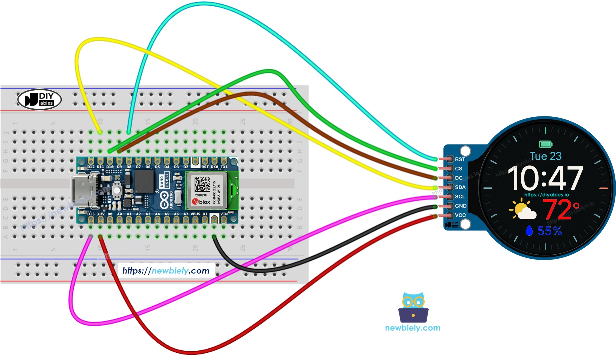 Diagrama de cableado de la pantalla TFT LCD circular de 1,28 pulgadas para Arduino Nano ESP32