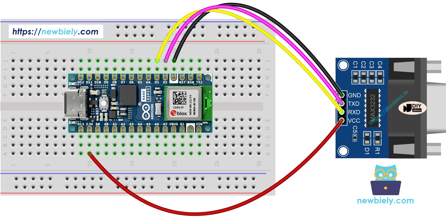 Diagrama de cableado de Arduino Nano ESP32 TTL a RS-232