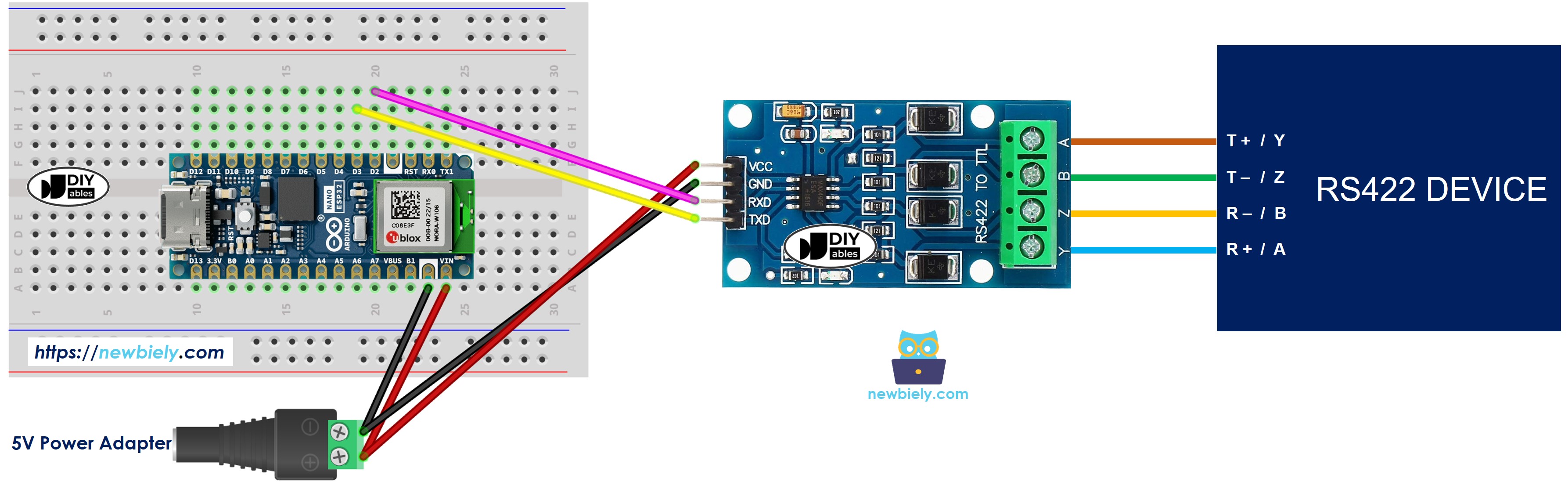 Diagrama de cableado de Arduino Nano ESP32 TTL a RS-422
