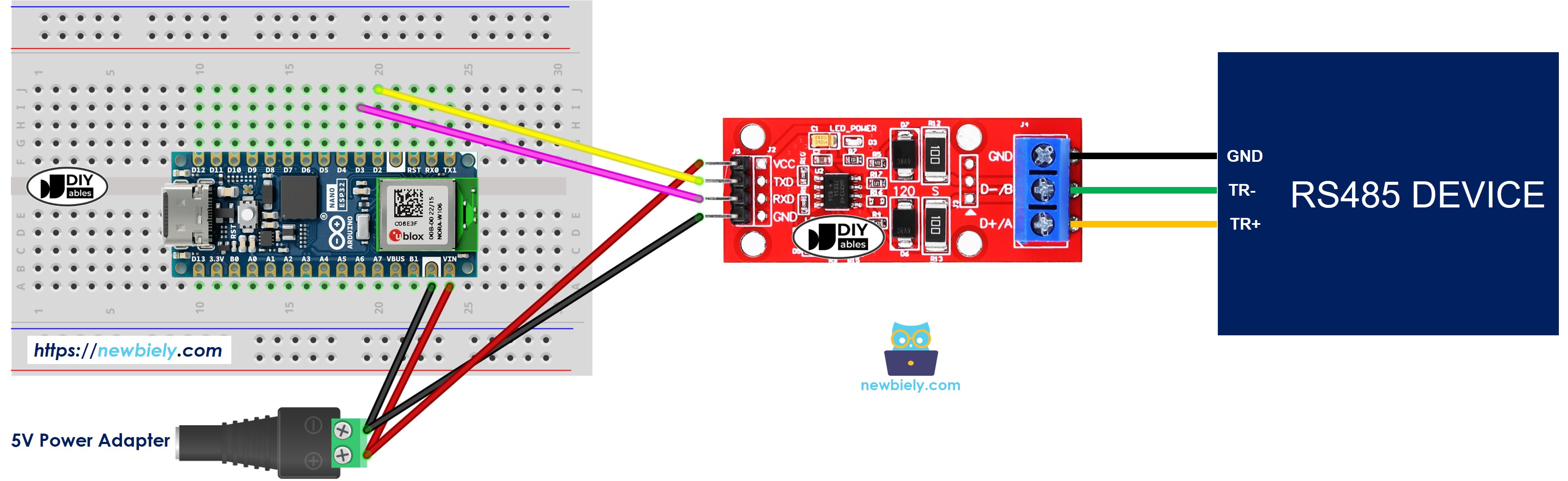 Diagrama de cableado de Arduino Nano ESP32 TTL a RS-485