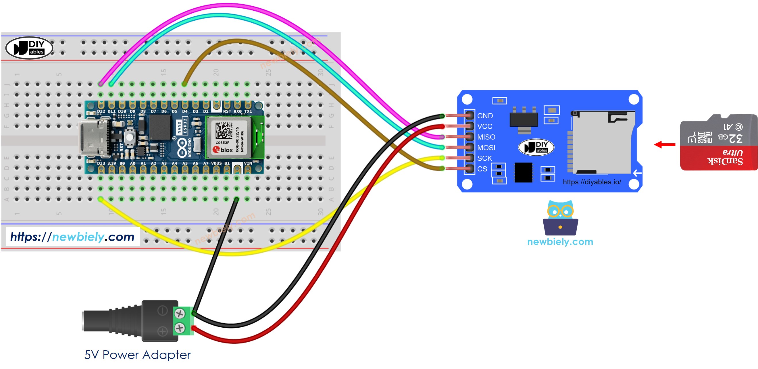 Diagrama de cableado de alimentación externa para el módulo de tarjeta Micro SD de Arduino Nano ESP32