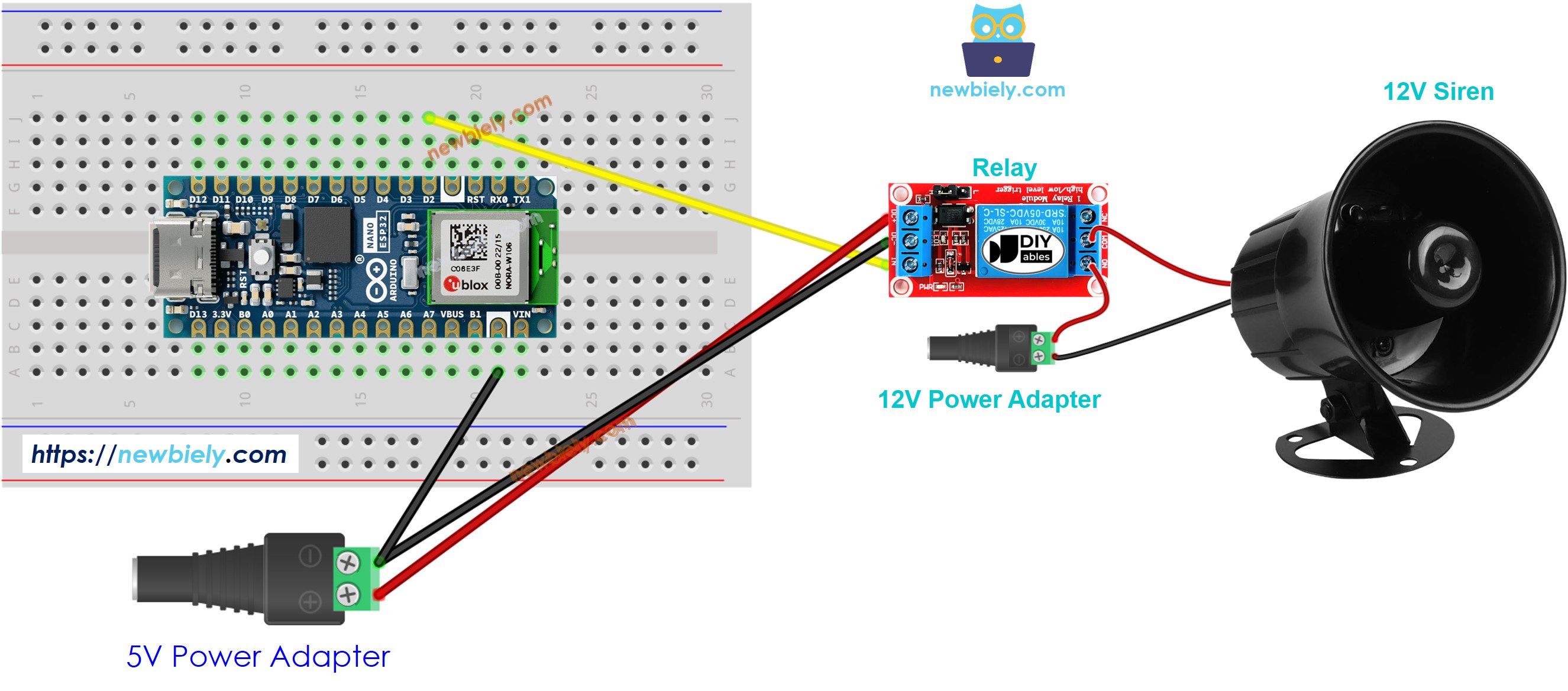 Diagrama de cableado de la sirena de 12 V para Arduino Nano ESP32
