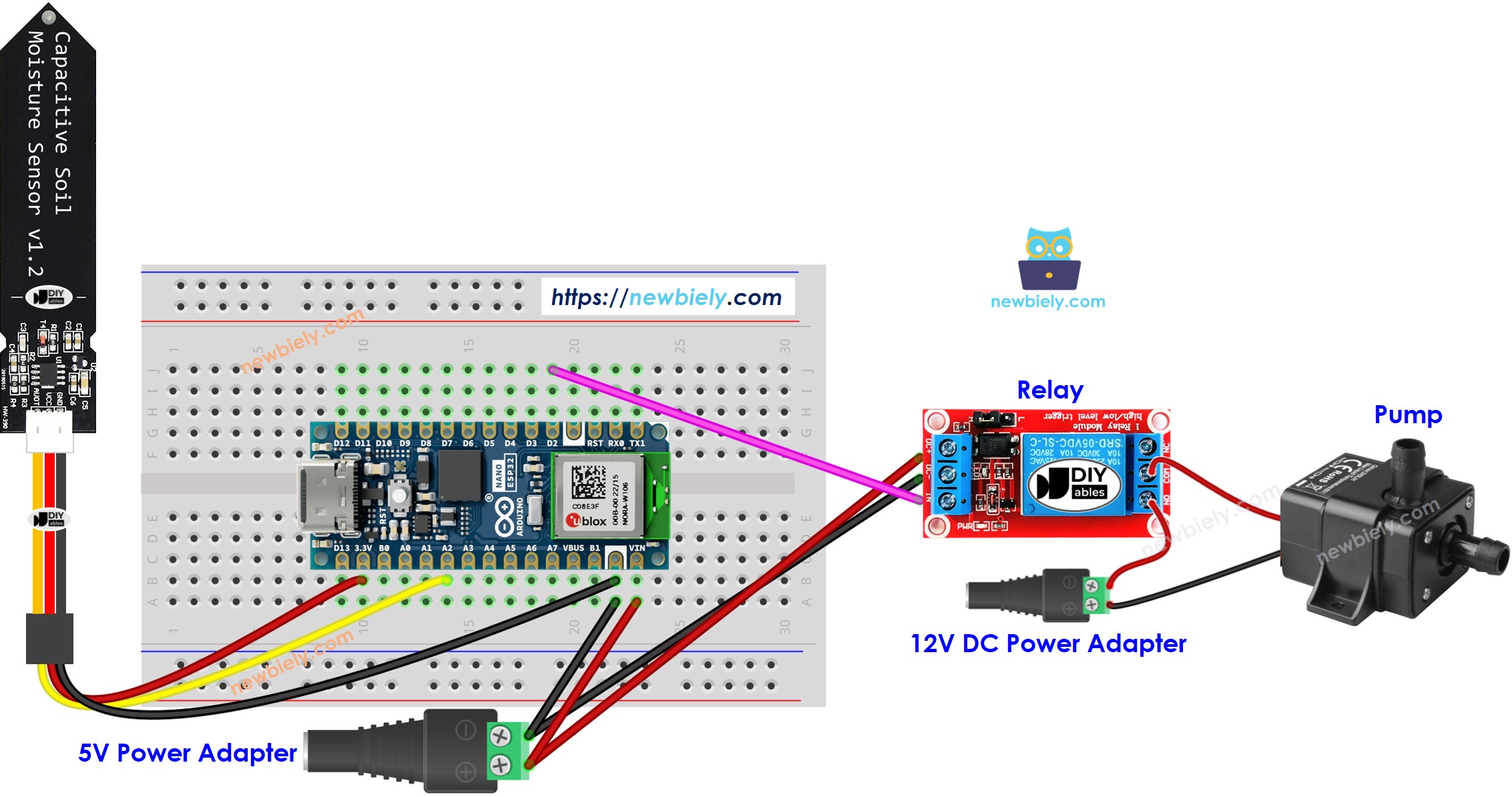 Diagrama de cableado del sensor de humedad del suelo y de la bomba para Arduino Nano ESP32