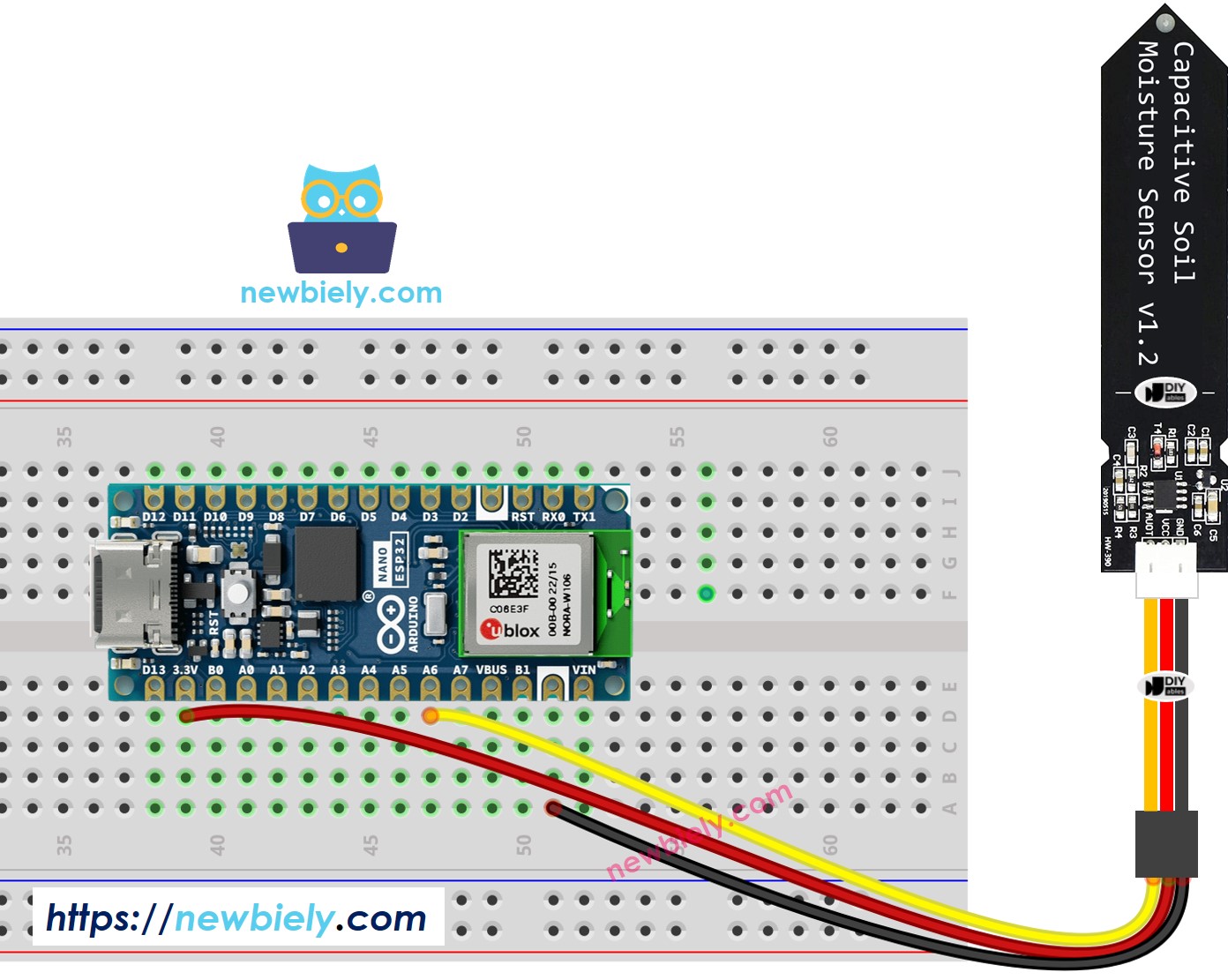 Diagrama de cableado del sensor de humedad del suelo para Arduino Nano ESP32