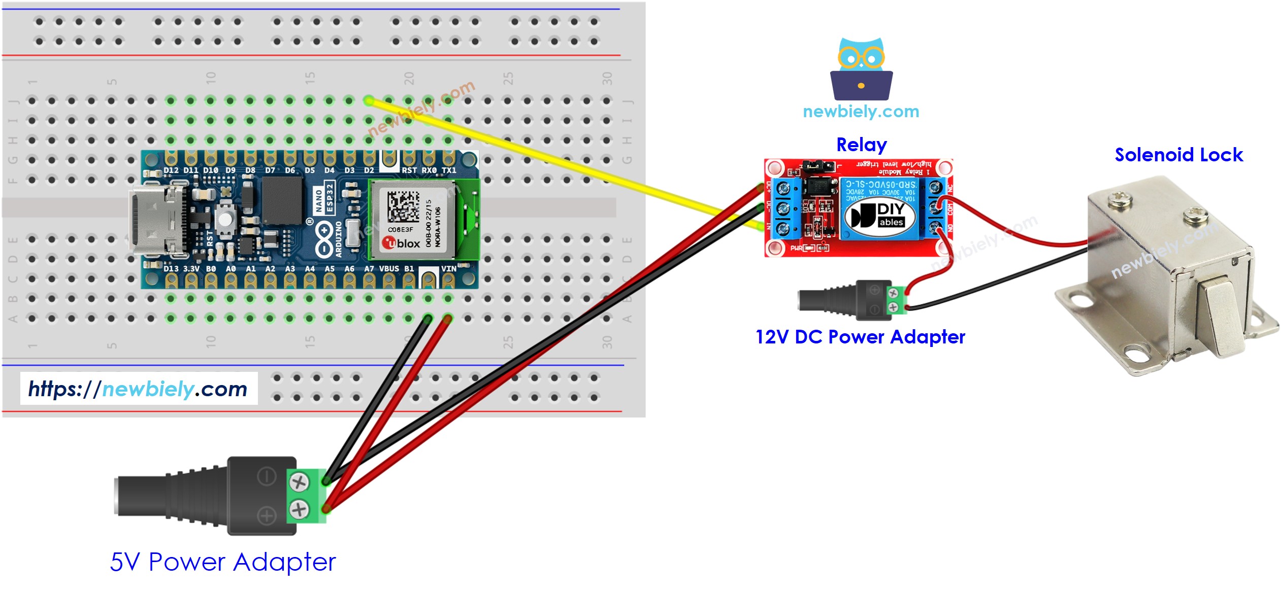 Diagrama de cableado de la cerradura de solenoide Arduino Nano ESP32