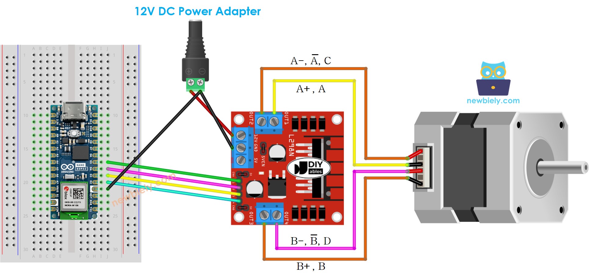 Diagrama de cableado de Arduino Nano ESP32 para motor paso a paso con el controlador L298N