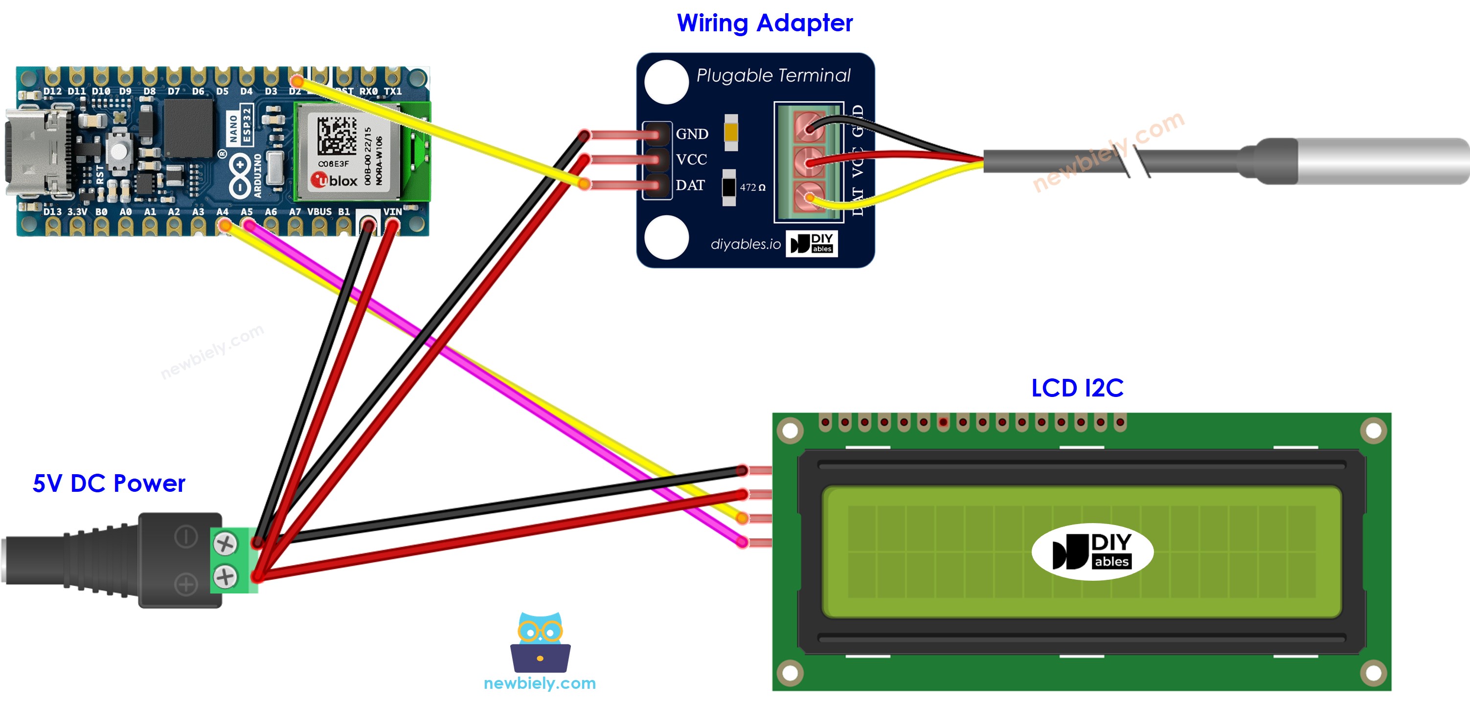 Diagrama de cableado de Arduino Nano ESP32 para sensor de temperatura con LCD