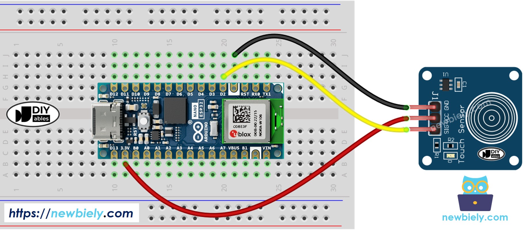 Diagrama de cableado del sensor táctil para Arduino Nano ESP32