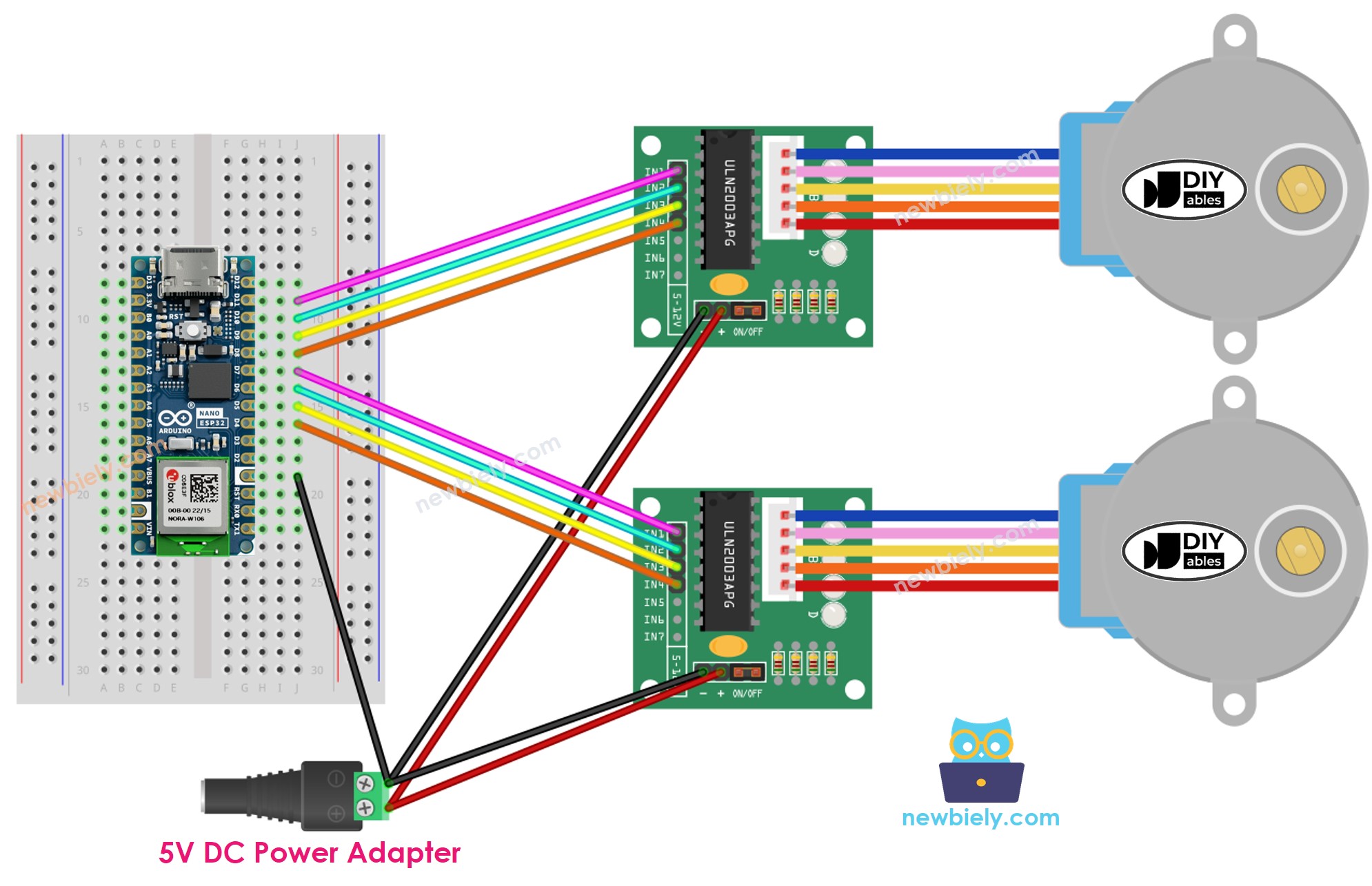 Diagrama de cableado para Arduino Nano ESP32 con dos motores paso a paso y controlador ULN2003