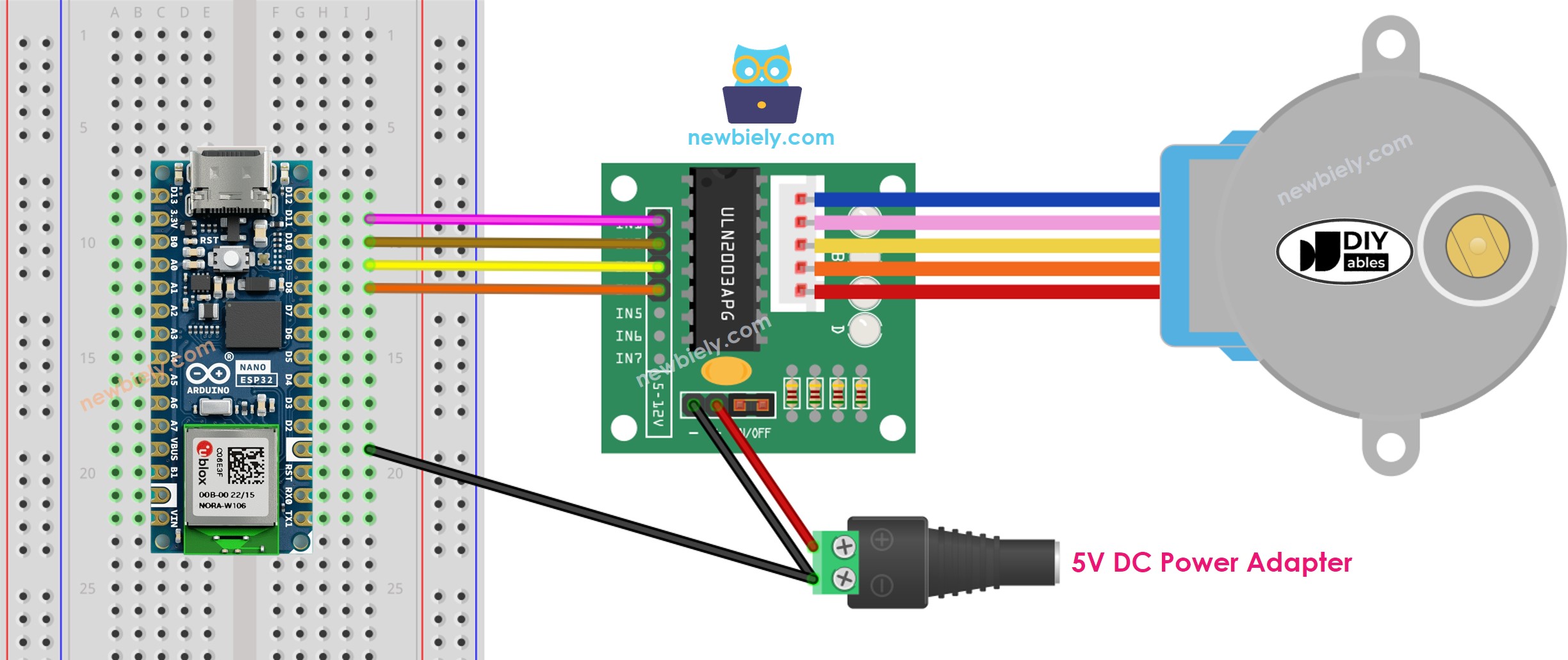 Diagrama de cableado para motor paso a paso ULN2003 con Arduino Nano/ESP32
