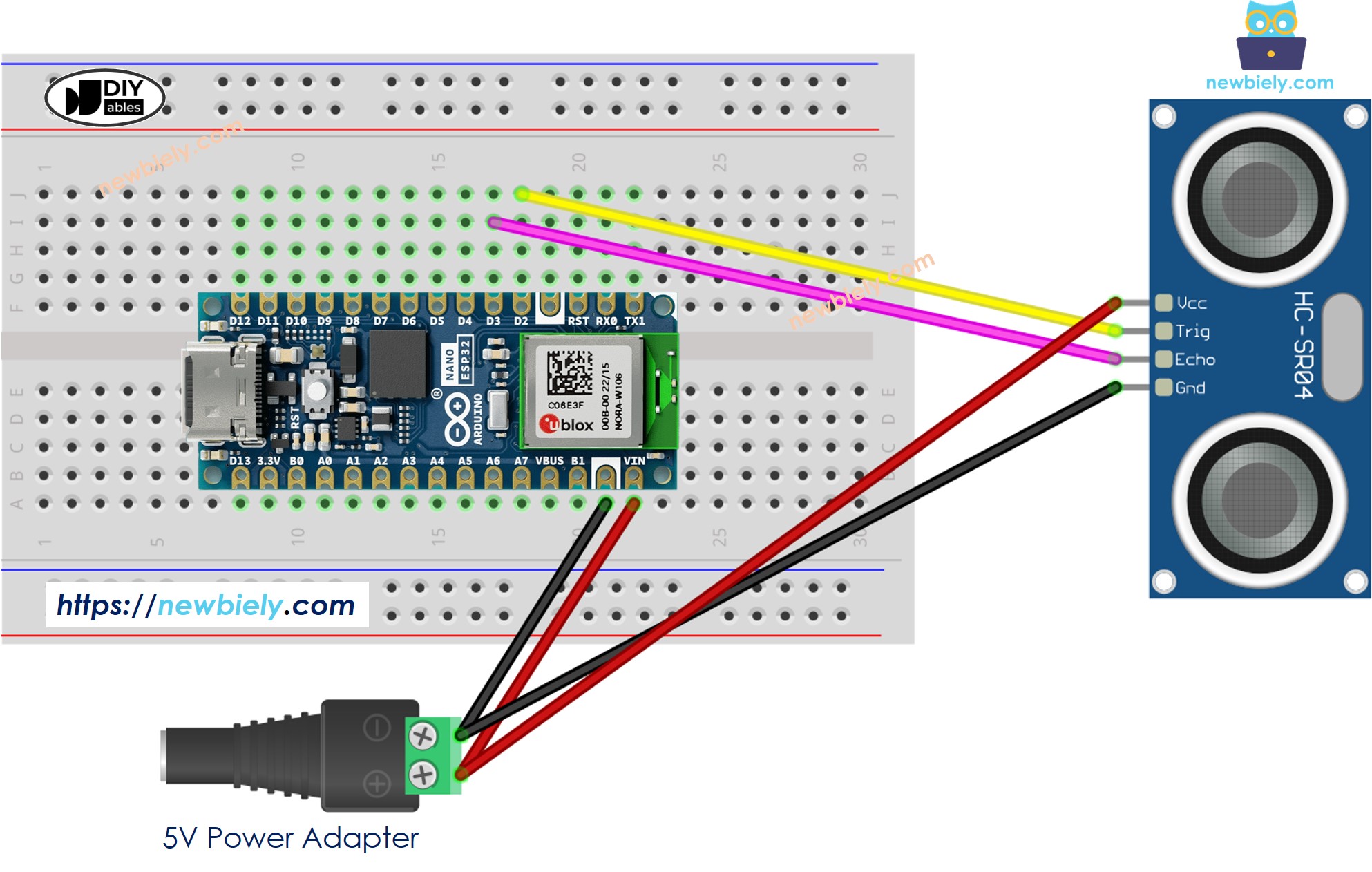 Diagrama de cableado de alimentación externa para sensor ultrasónico Arduino Nano ESP32