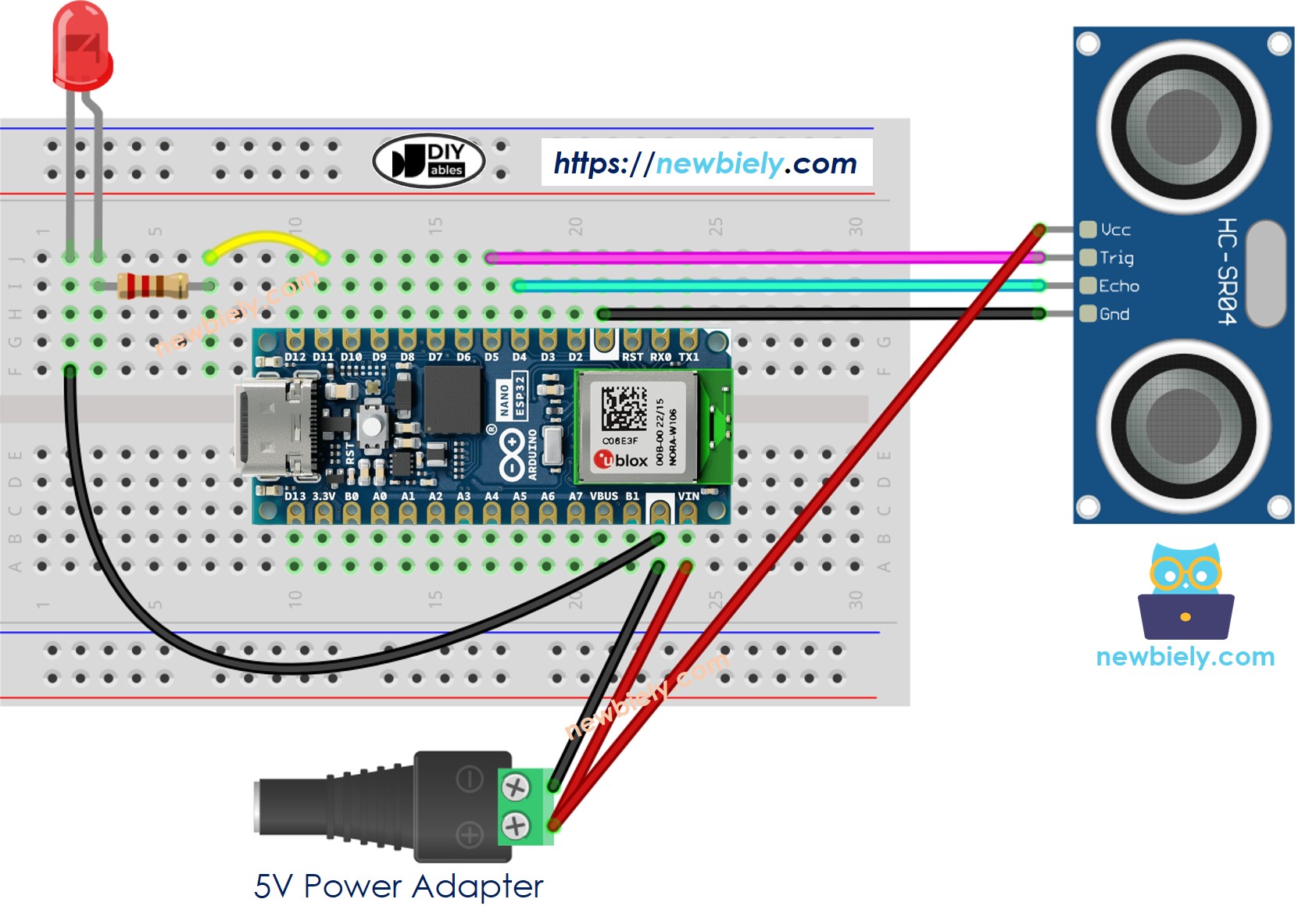 Arduino Nano ESP32 sensor ultrasónico LED diagrama de cableado fuente de alimentación de 5 V