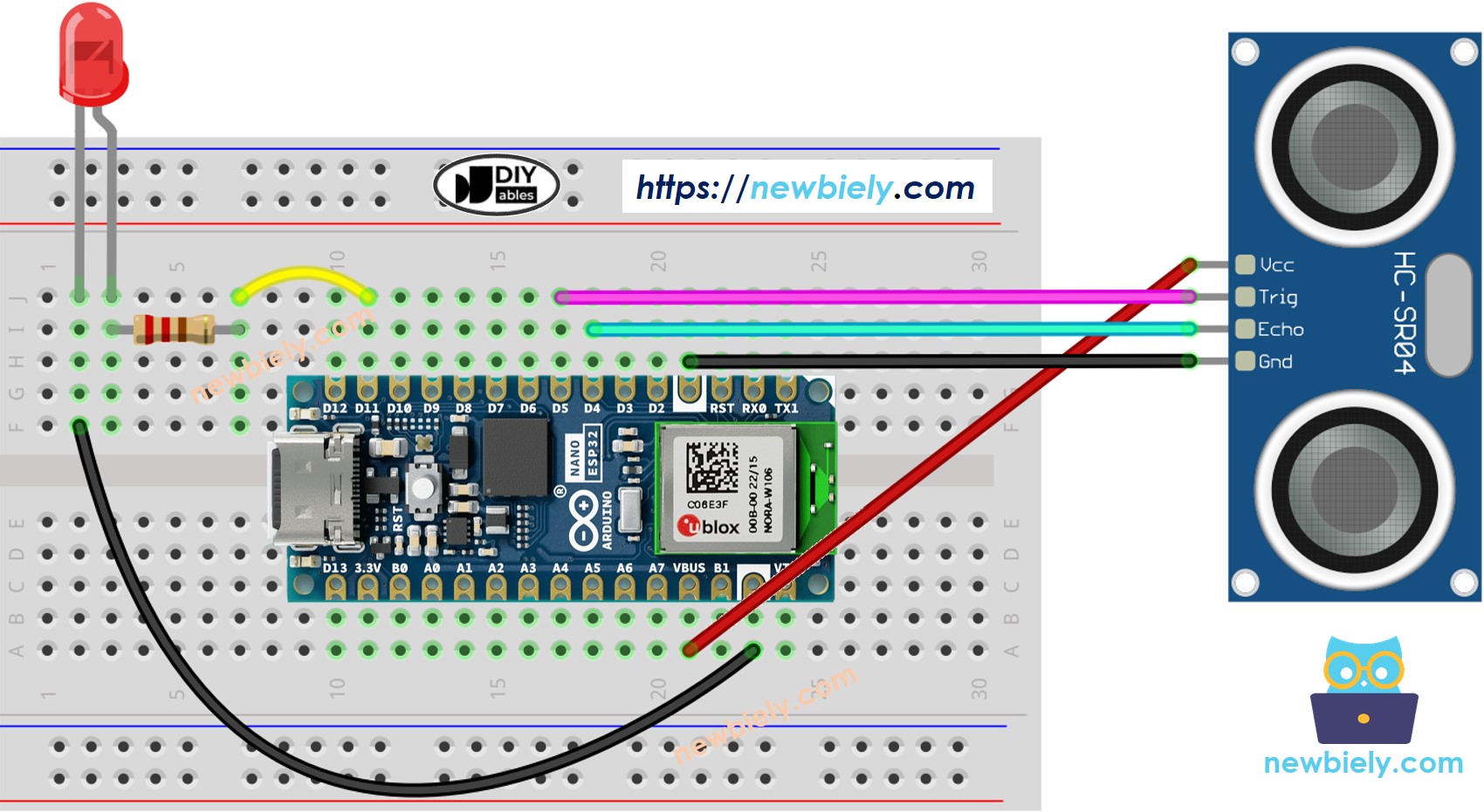 Diagrama de cableado del sensor ultrasónico y LED para Arduino Nano ESP32