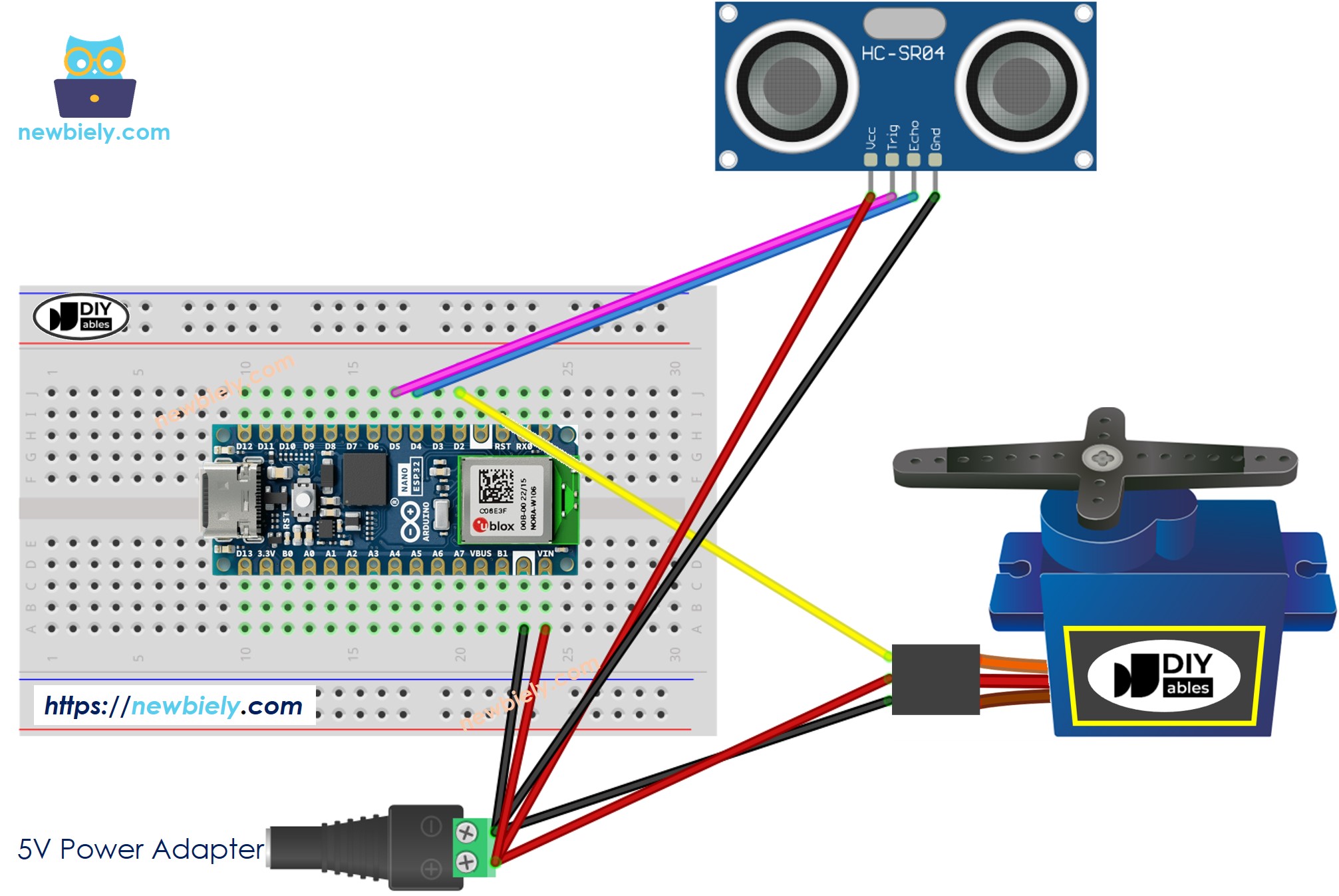 Diagrama de cableado de Arduino Nano ESP32, sensor ultrasónico y motor servo