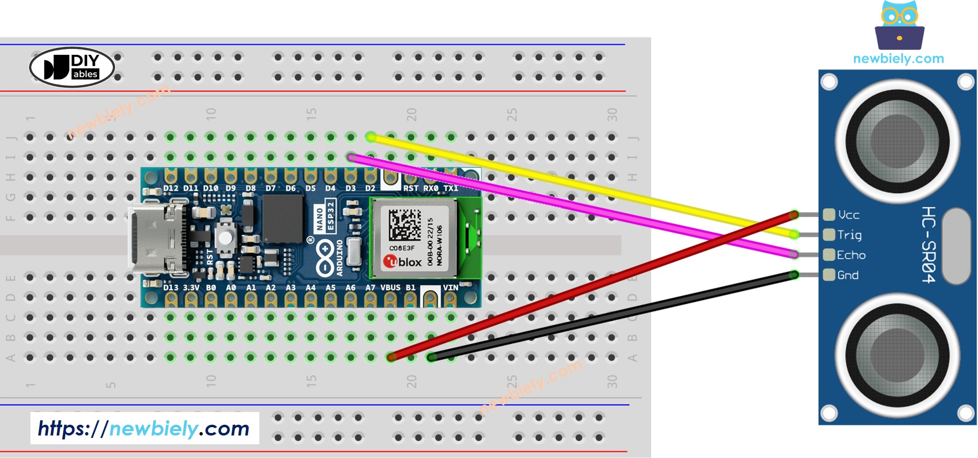 Diagrama de cableado del sensor ultrasónico para Arduino Nano ESP32