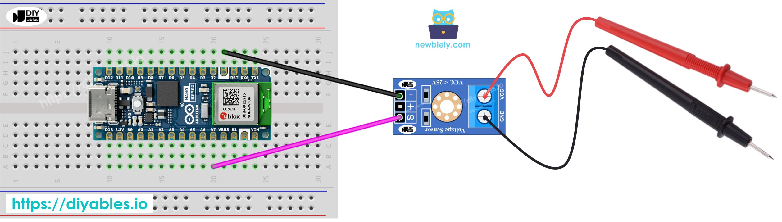 Diagrama de cableado del sensor de voltaje para Arduino Nano ESP32