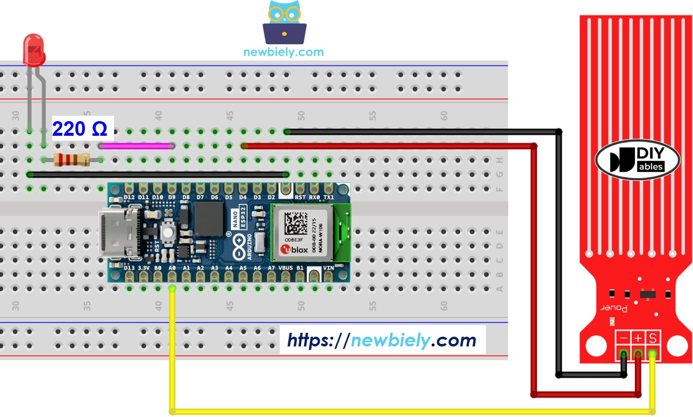 Diagrama de cableado LED para sensor de agua con Arduino Nano ESP32