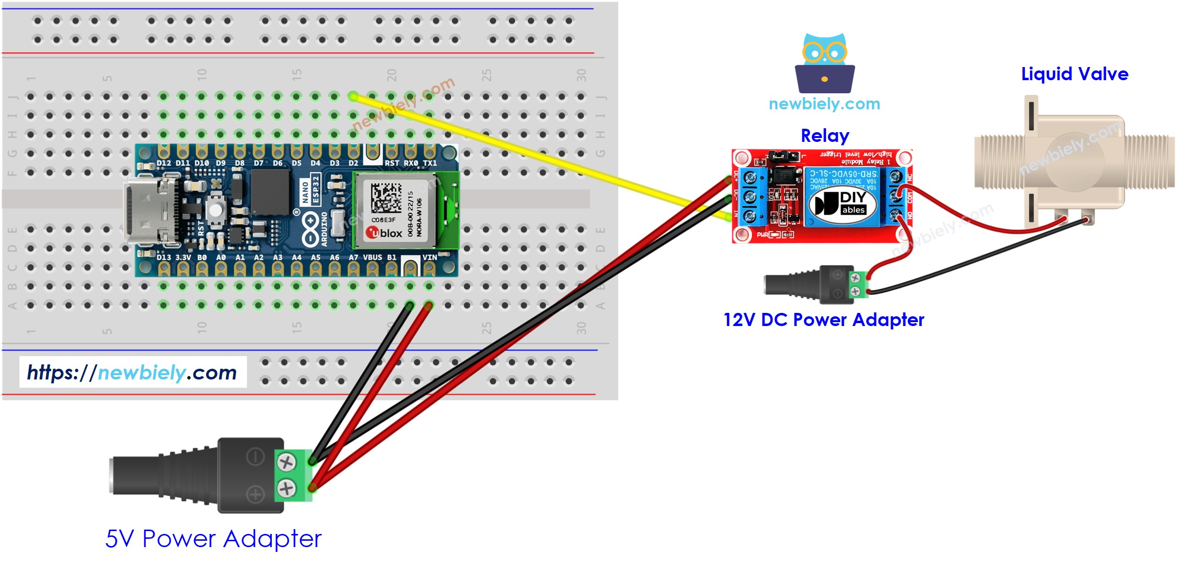 Diagrama de cableado de la válvula de agua para Arduino Nano ESP32