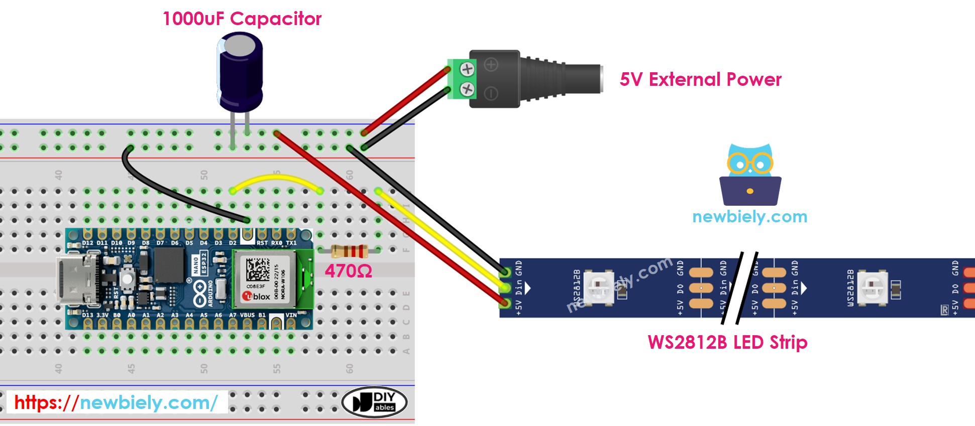 Diagrama de cableado de la tira de LEDs RGB WS2812B para Arduino Nano y ESP32