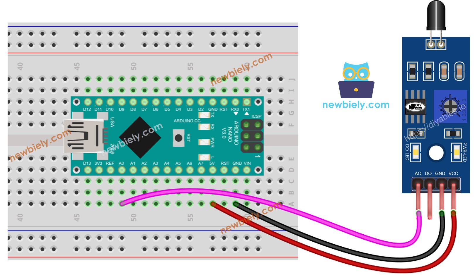 Diagrama de cableado del sensor de incendio para Arduino Nano