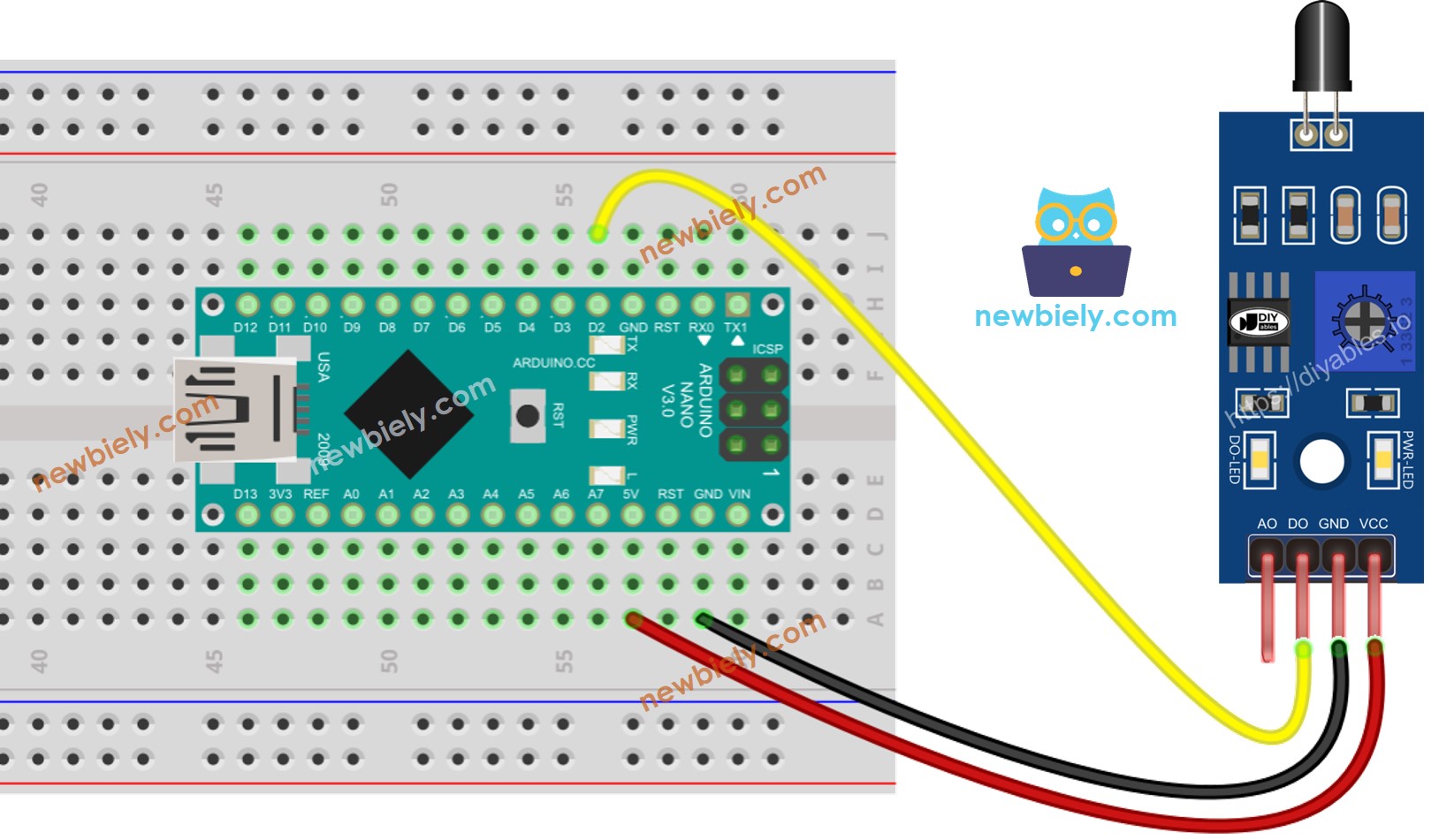 Diagrama de cableado del sensor de llama para Arduino Nano