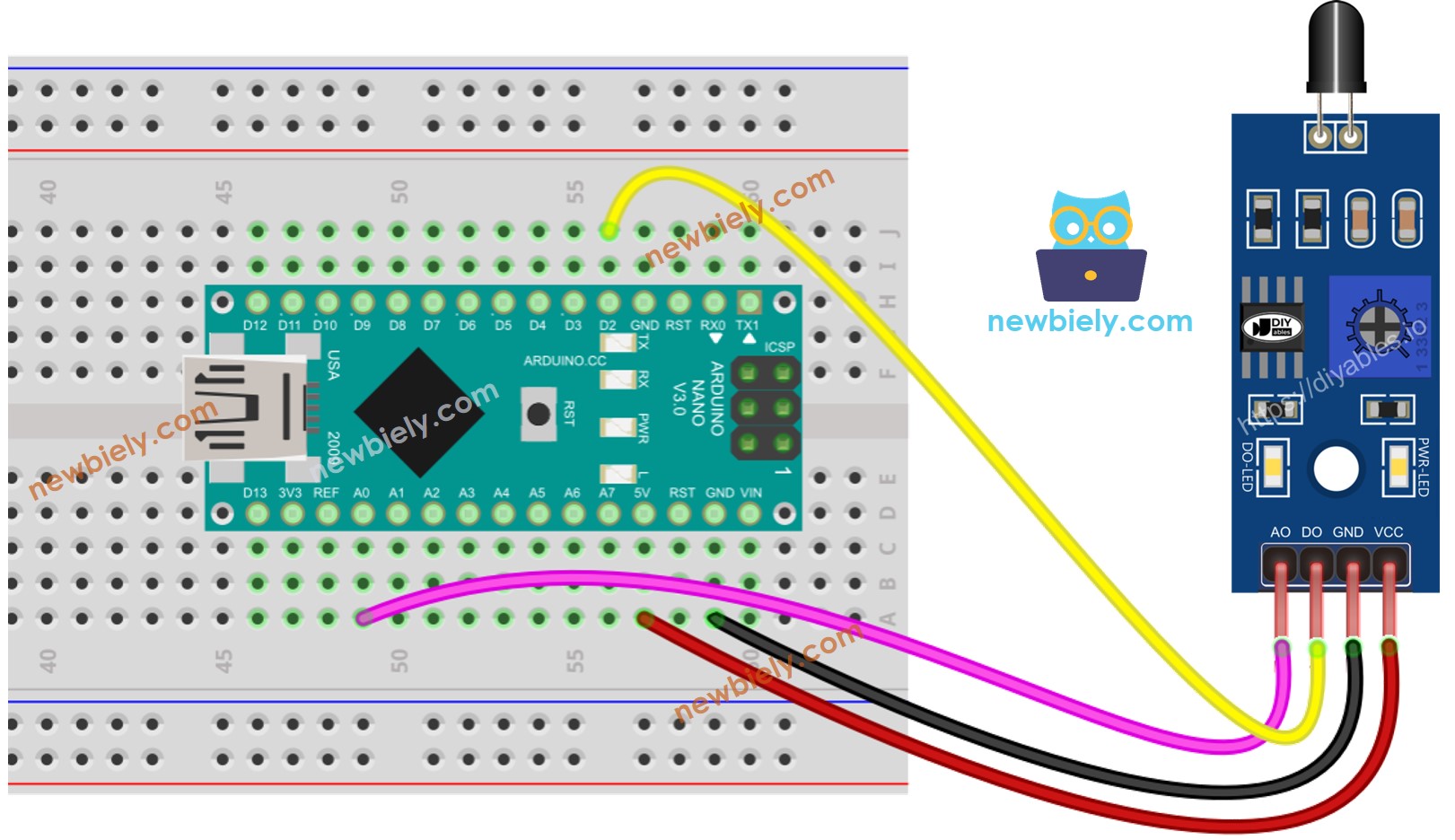 Diagrama de cableado del sensor infrarrojo de llama para Arduino Nano