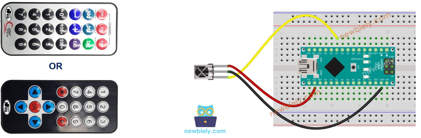 Diagrama de cableado del control remoto IR para Arduino Nano