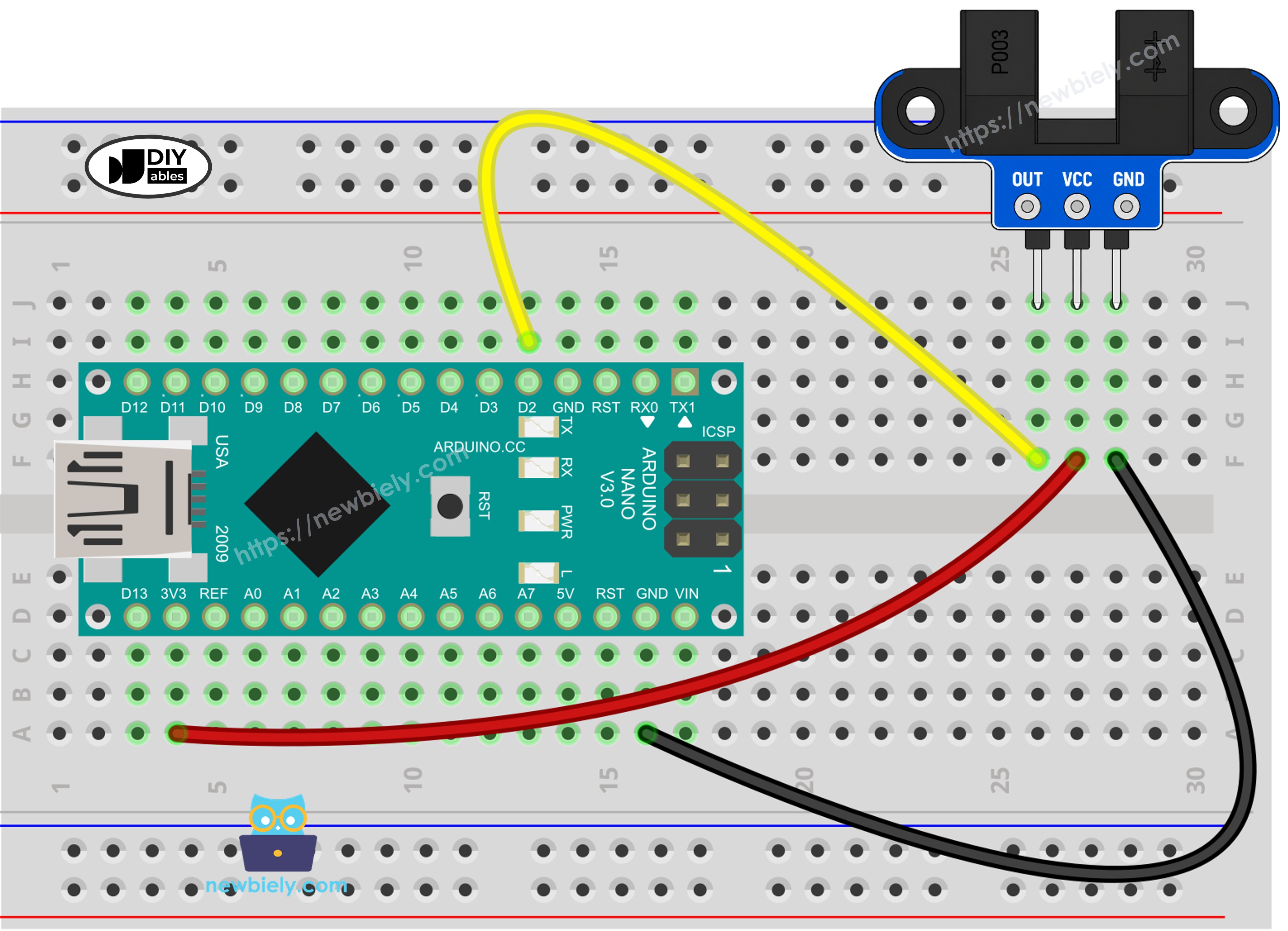 Diagrama de cableado de Arduino Nano con el sensor de velocidad óptico ranurado IR