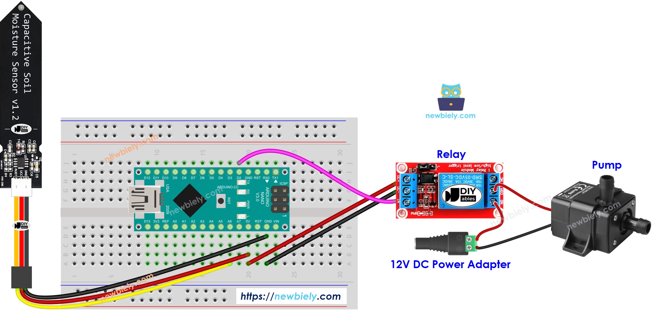 Sensor de humedad del suelo para Arduino Nano Diagrama de cableado de la bomba