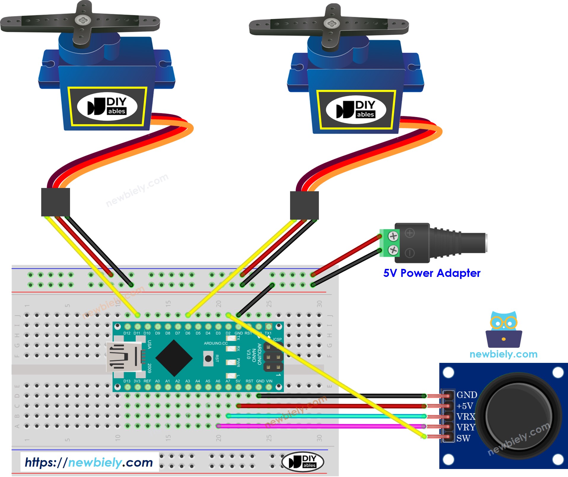 Diagrama de cableado del joystick y del motor servo para Arduino Nano.