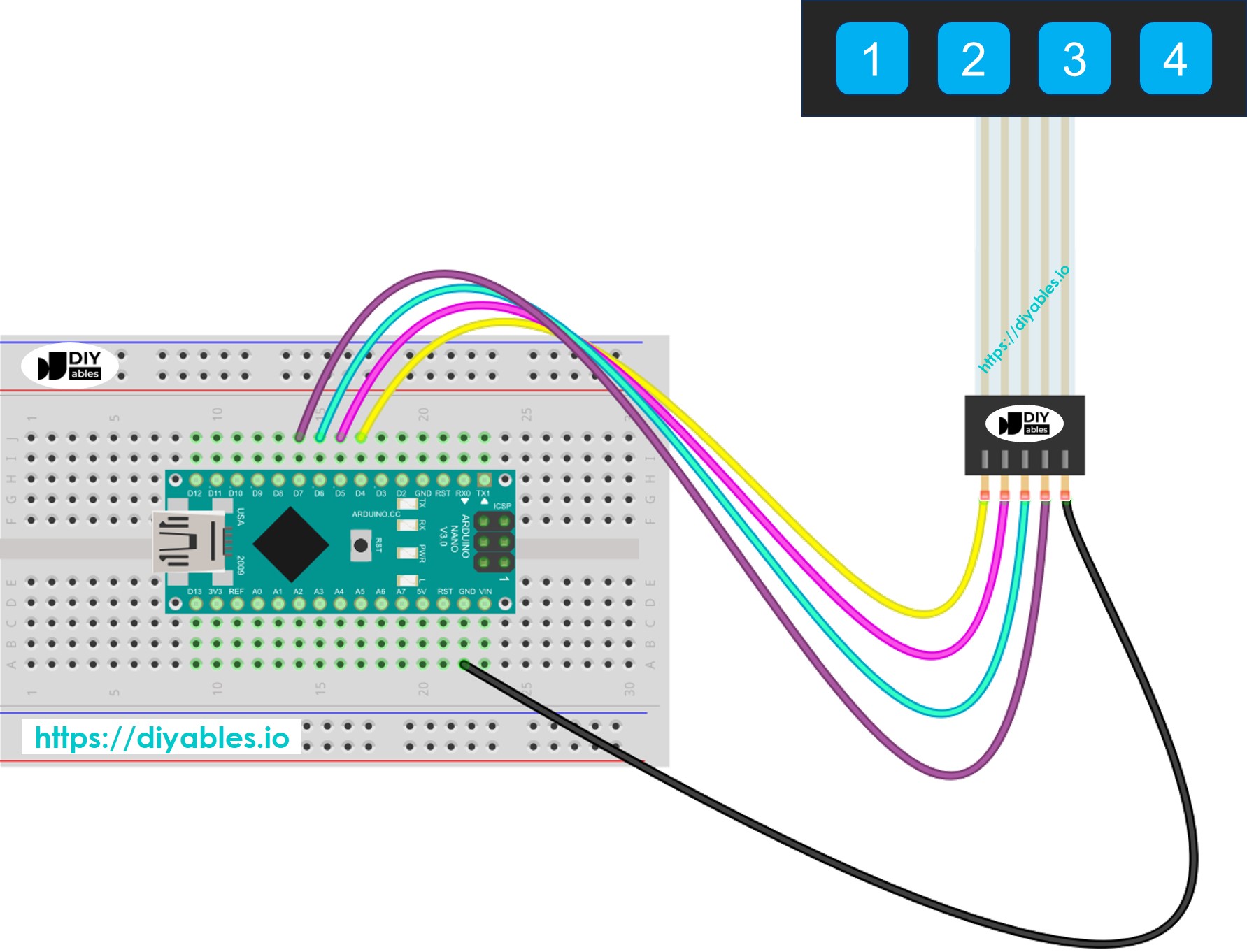 Diagrama de cableado del teclado 1x4 para Arduino Nano