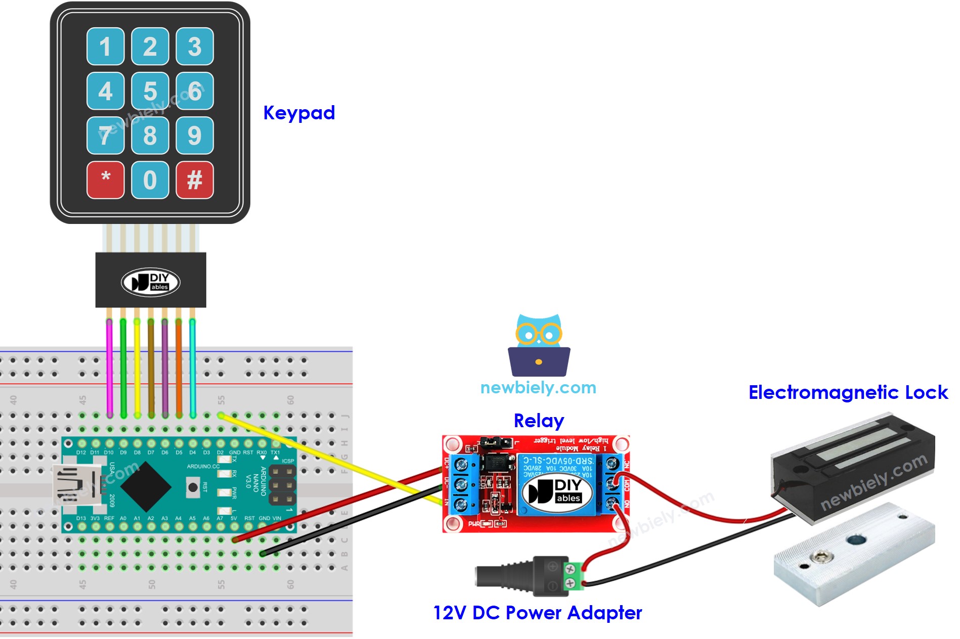 Arduino Nano, teclado numérico, diagrama de cableado de cerradura electromagnética