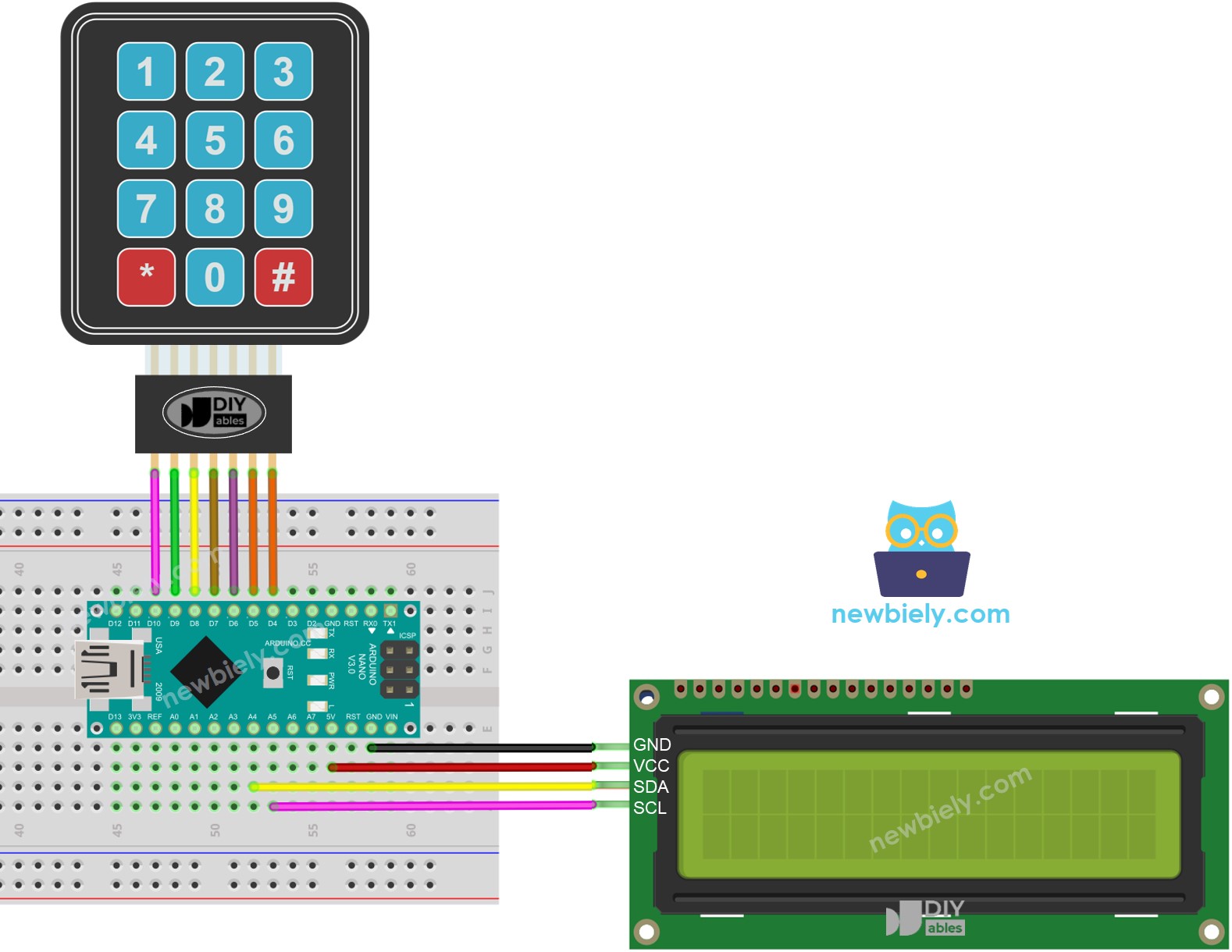 Diagrama de cableado de Arduino Nano para teclado y LCD