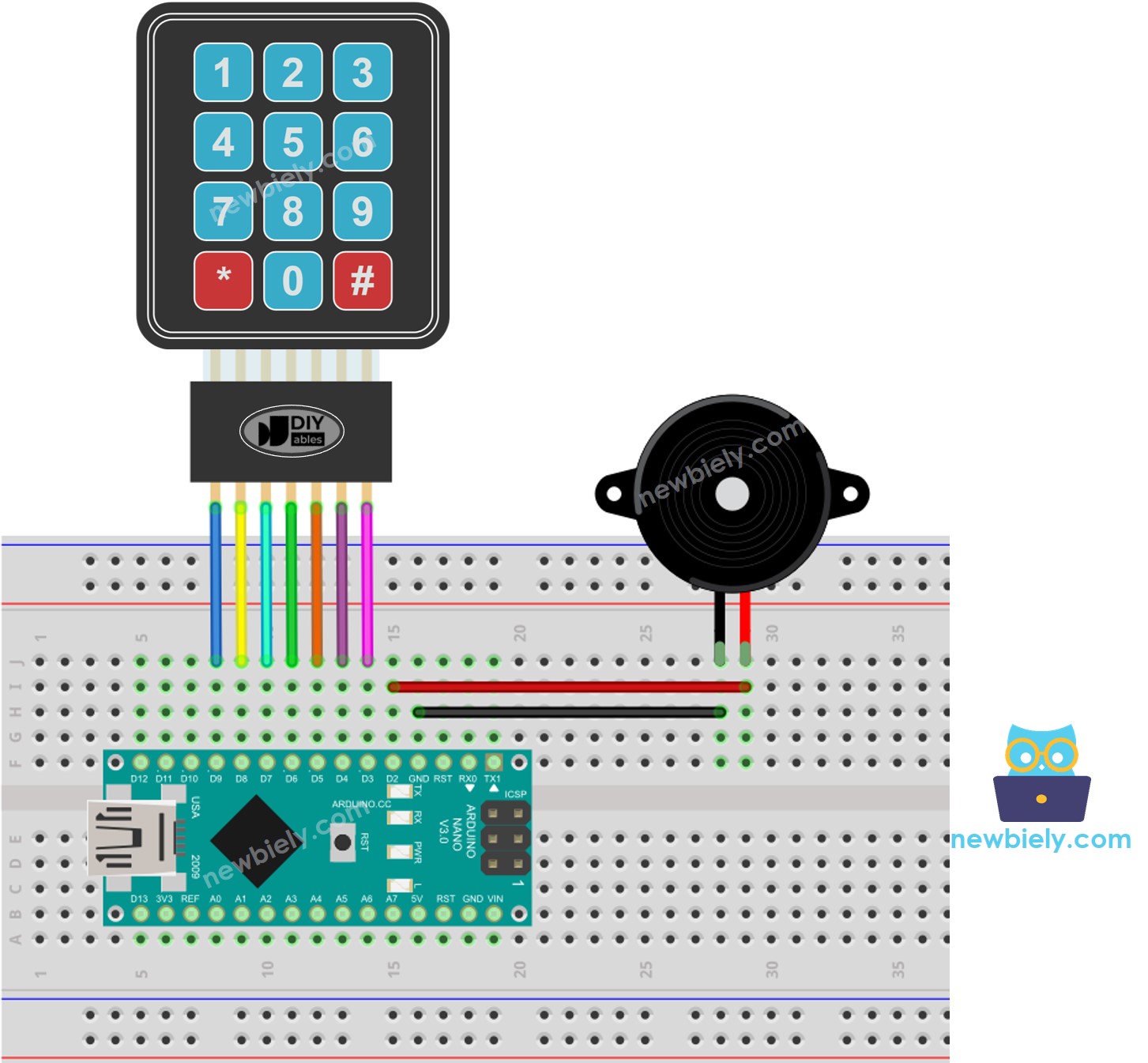 Diagrama de cableado de Arduino Nano, teclado y zumbador piezoeléctrico.
