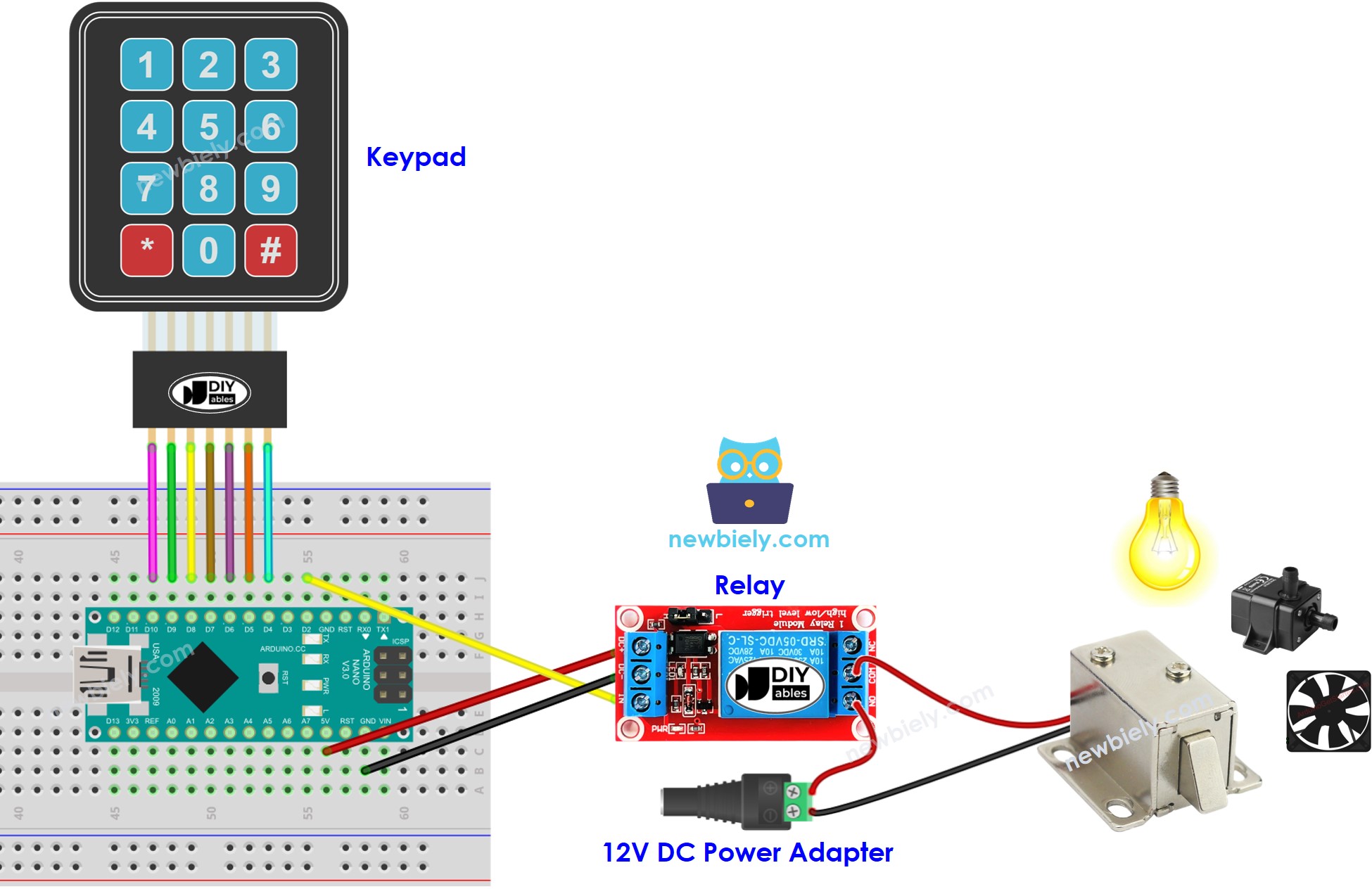 Diagrama de cableado del relé y del teclado numérico con Arduino Nano