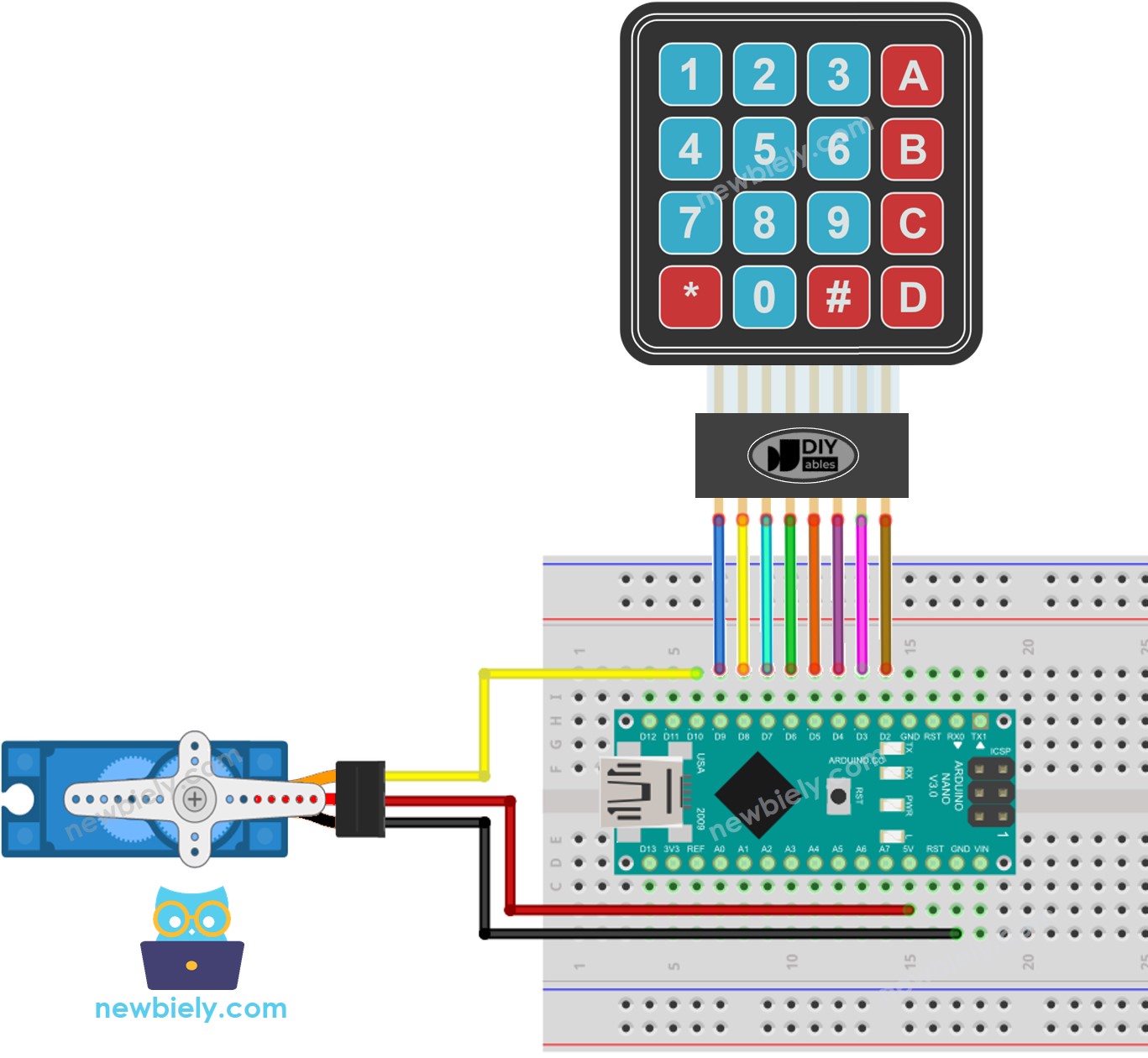 Diagrama de cableado para Arduino Nano, teclado numérico y motor servo