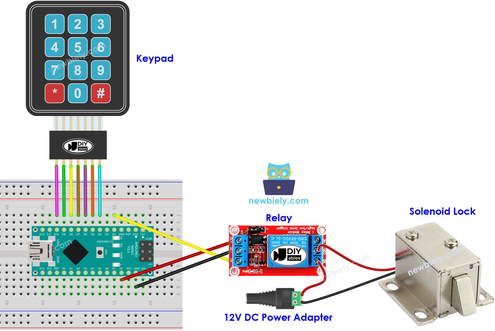 Arduino Nano, teclado numérico, diagrama de cableado de la cerradura de solenoide