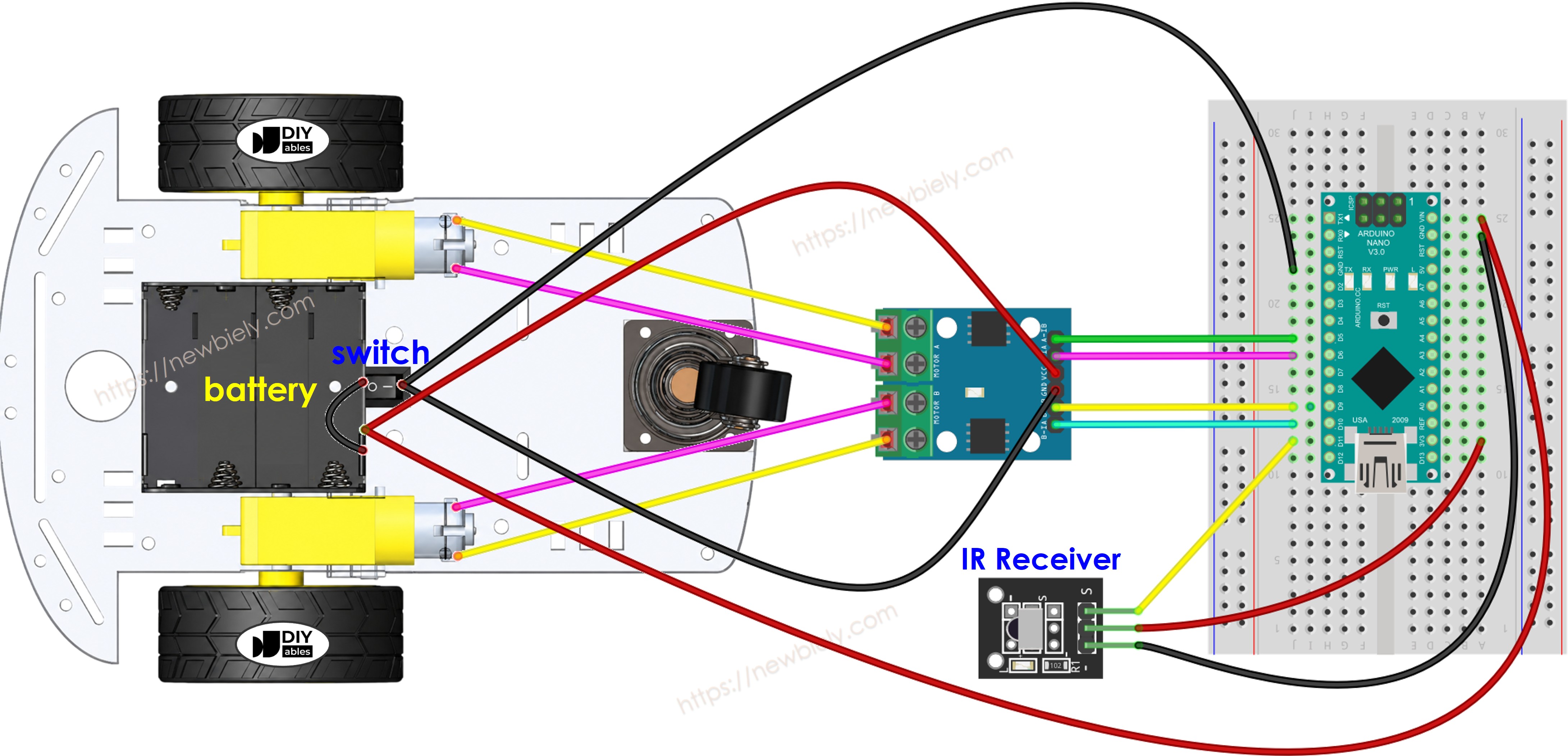 Diagrama de cableado de un coche 2WD con Arduino Nano