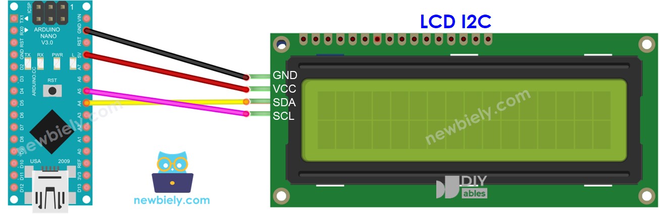 Diagrama de cableado de Arduino Nano LCD I2C