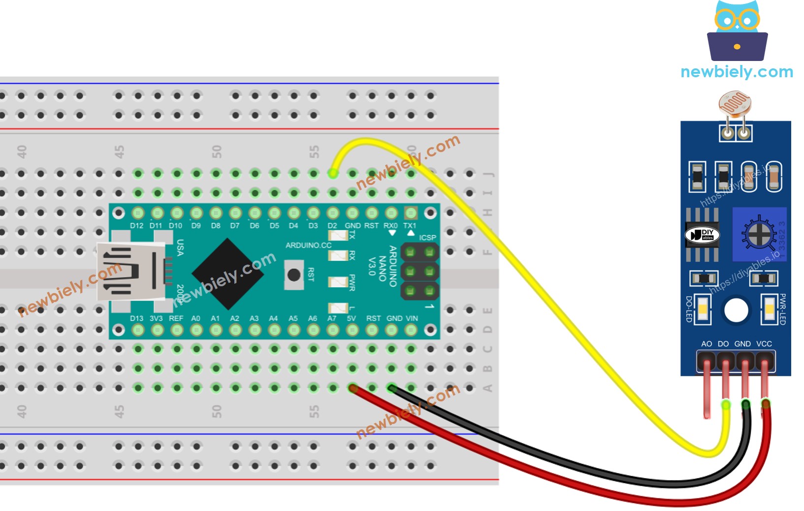 Diagrama de cableado del módulo sensor de luz LDR para Arduino Nano