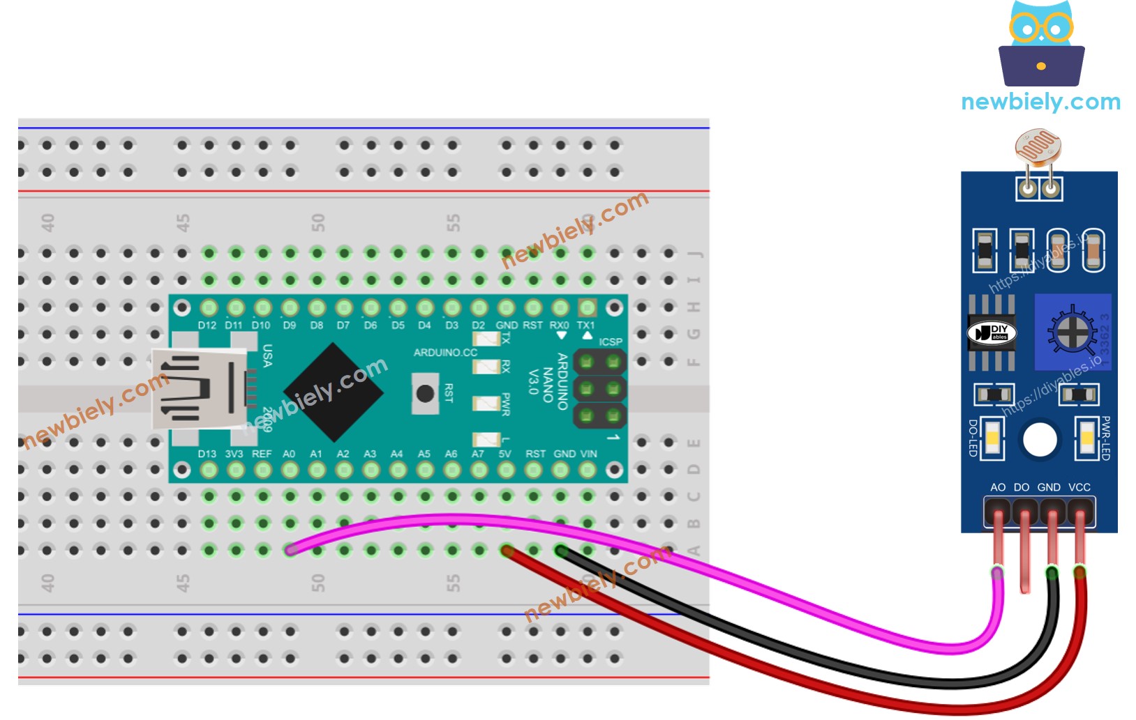 Diagrama de cableado del módulo LDR para Arduino Nano