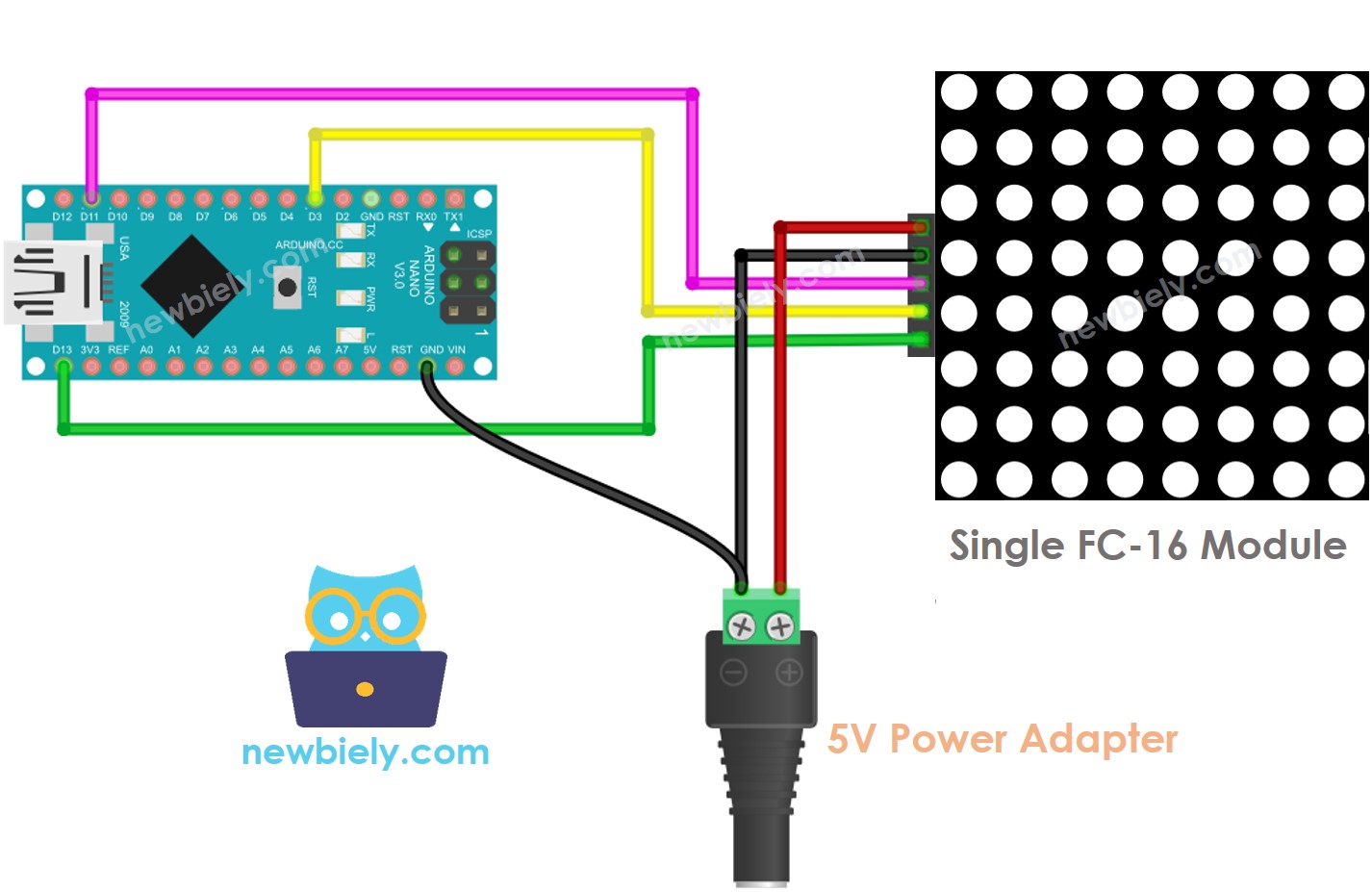 Diagrama de cableado de la matriz LED 8x8 FC-16 para Arduino Nano