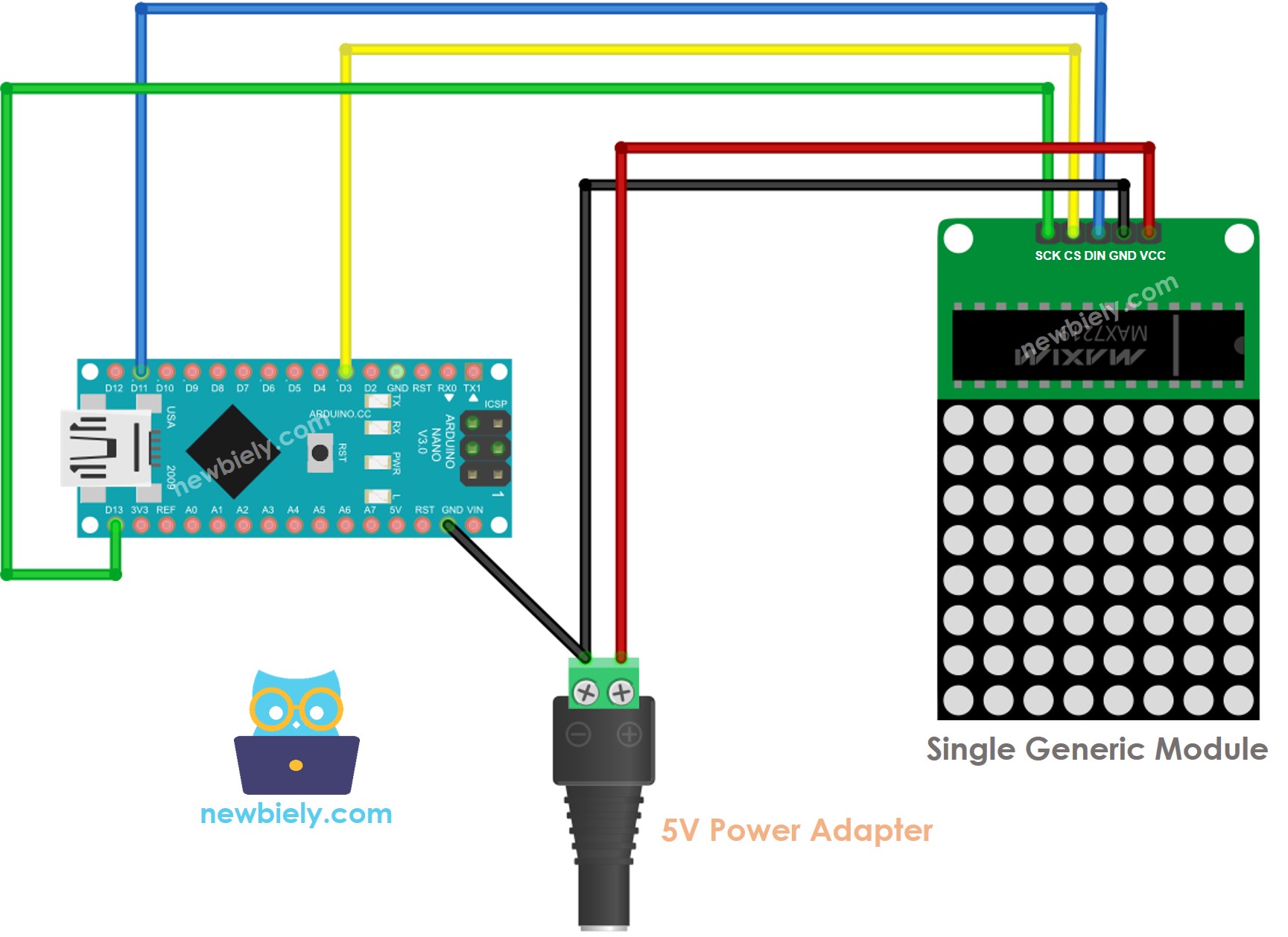 Esquema de cableado genérico para la matriz LED 8x8 de Arduino Nano
