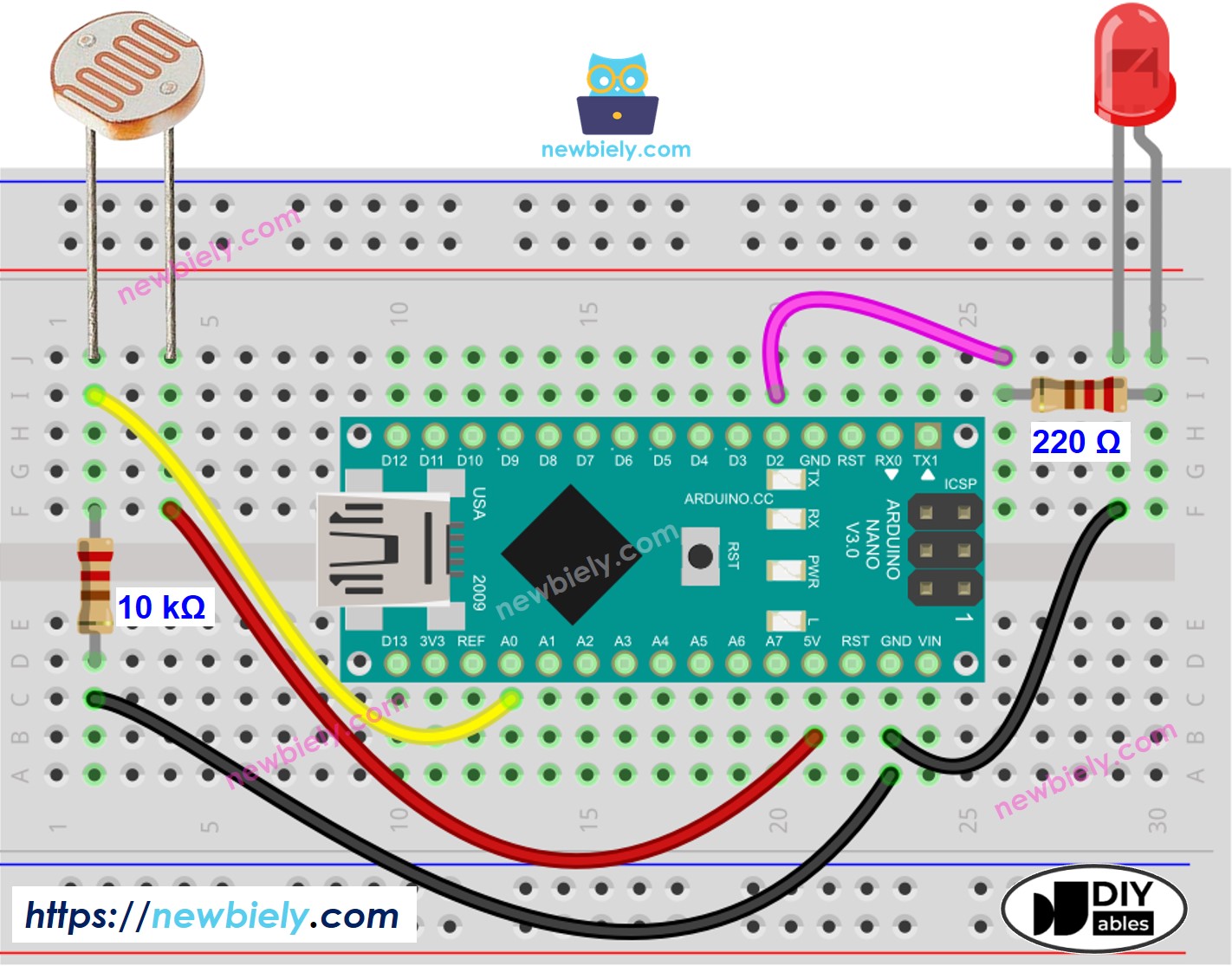 Diagrama de cableado LED para sensor de luz con Arduino Nano