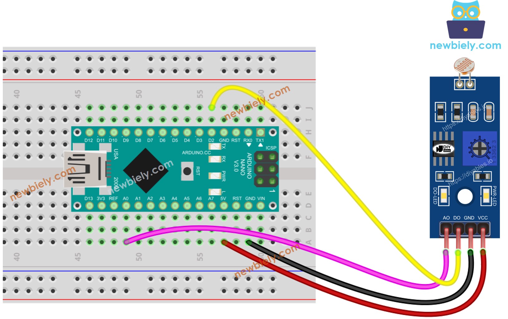 Diagrama de cableado del módulo sensor de luz para Arduino Nano.