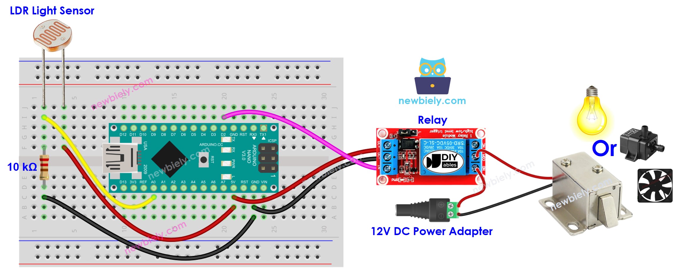 Diagrama de cableado de Arduino Nano: sensor de luz, relé y bombilla
