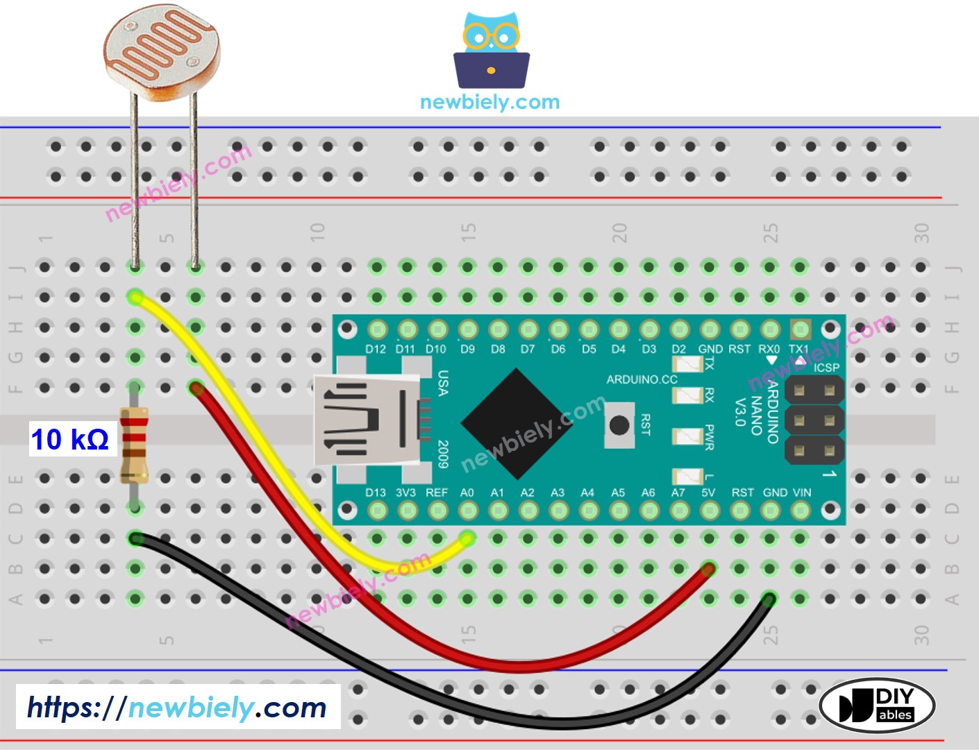 Diagrama de cableado del sensor de luz para Arduino Nano